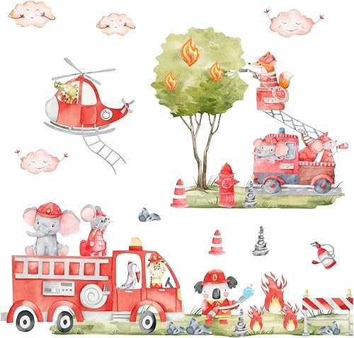 Miniatura 8 de Calcomanías de pared de camiones de bomberos, vehículos de transporte de animales del bosque, calcomanías de pared, calcomanías inspiradoras de