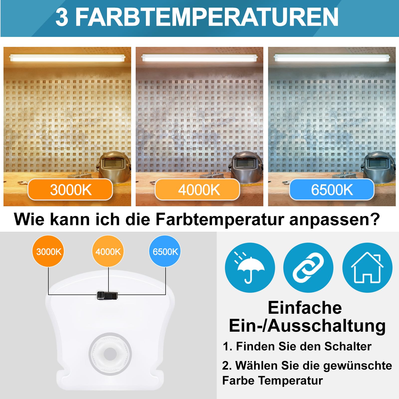 Feuchtraumleuchte LED 150CM, 48W 5280LM LED Feuchtraumlampe, Verknüpfbar 3000K/4000K/6500K Deckenleuchte Röhre, IP65 Wasserfest Lampe Lichtleiste für Werkstattlampe Kellerlampe, 2 Stücke
