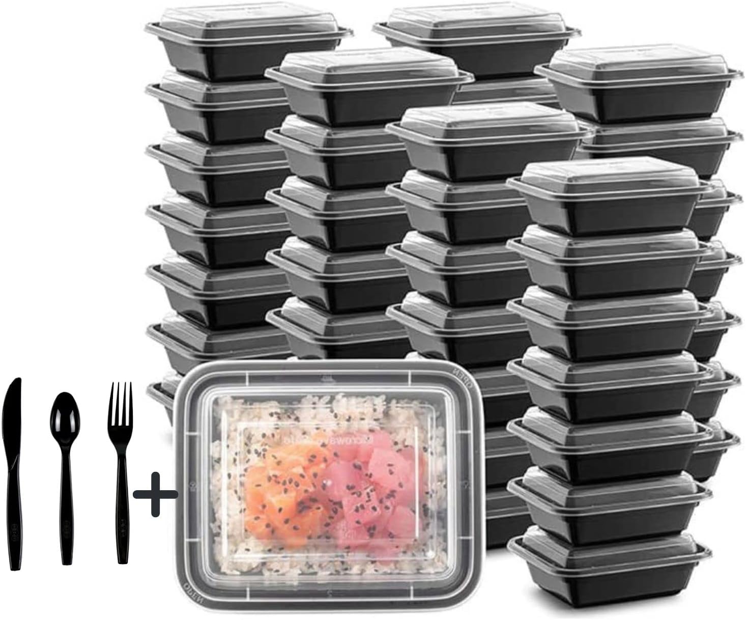 Meal Prep Food Containers [10 Pack] 32 oz with Disposable Cutlery Set. Food Storage Plastic Container with Lids Can be use for Lunch Box, Take Away (10)