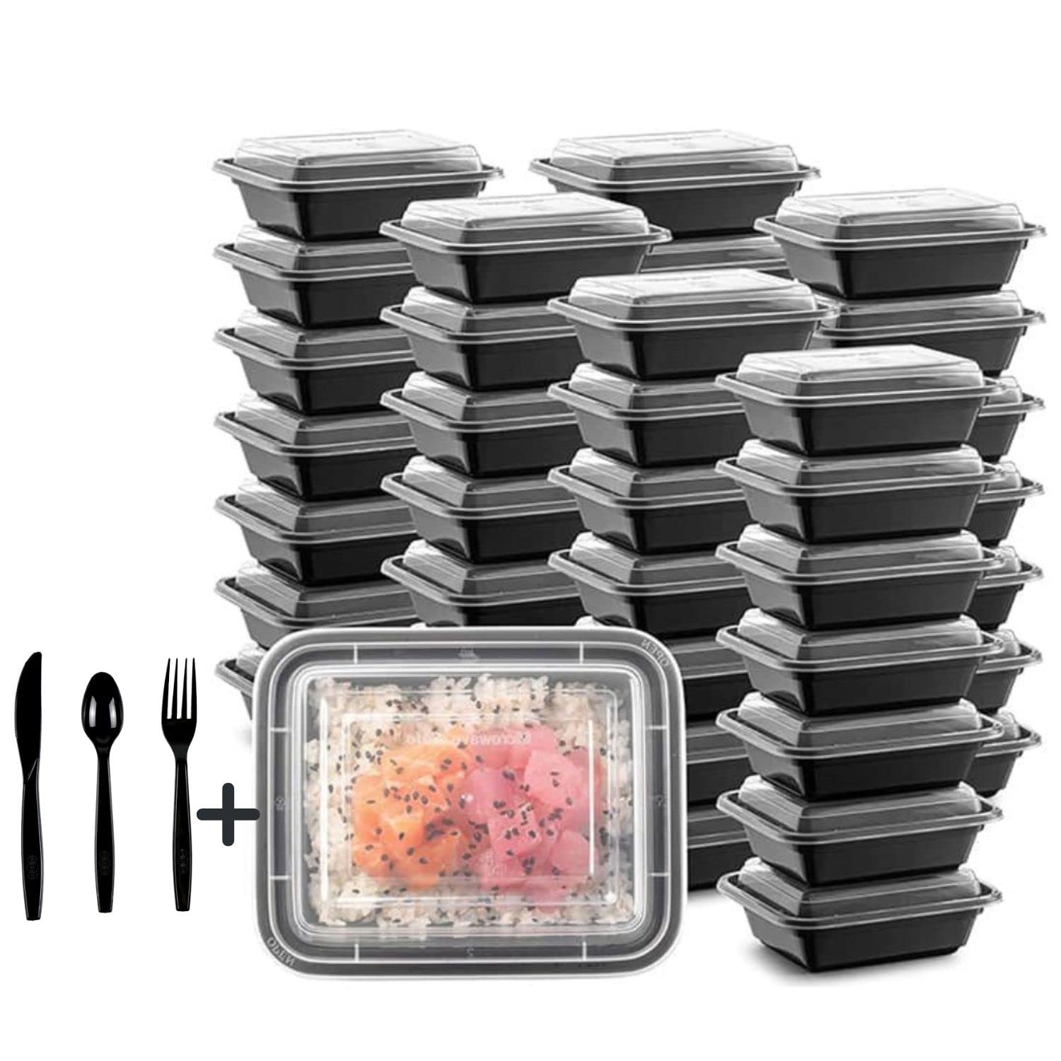 Meal Prep Food Containers [10 Pack] 32 oz with Disposable Cutlery Set. Food Storage Plastic Container with Lids Can be use for Lunch Box, Take Away (10)