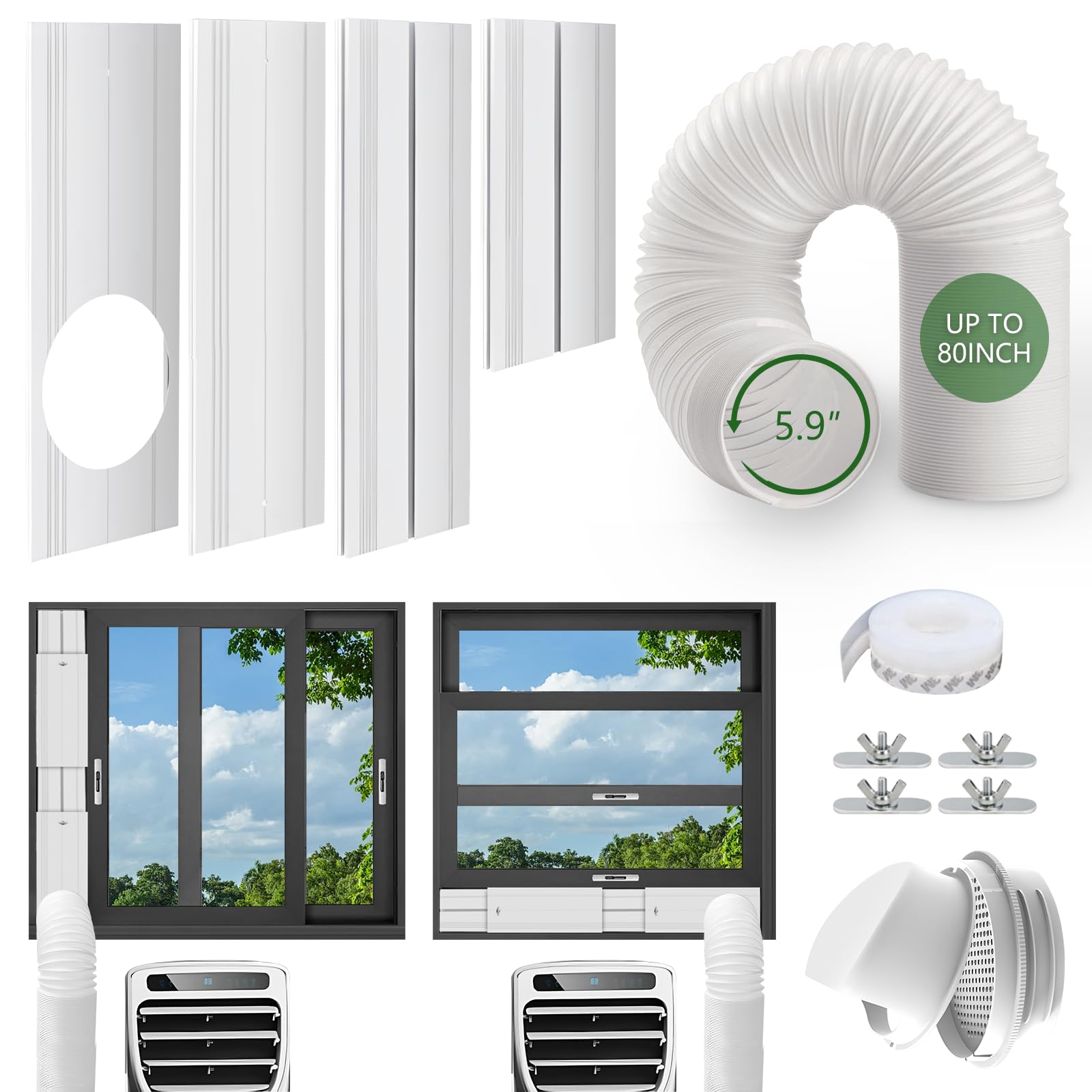 Kit de ventana de aire acondicionado portátil, kit de ventilación portátil de ventana de CA con manguera de escape de 5.9 pulgadas, kit de ventana deslizante vertical/horizontal ajustable,
