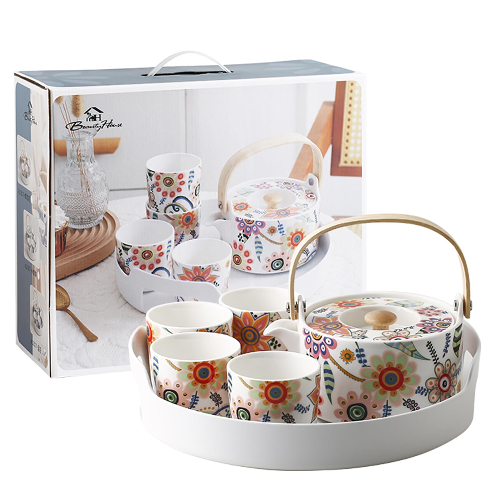 Dish Romance Floral Tea Set with Tray，Small Ceramic Teapot with Infuser and Tea Cup Set of 4 Asian Tea Pot Set for Adults, Tea Set Gift for Women With Gift Box