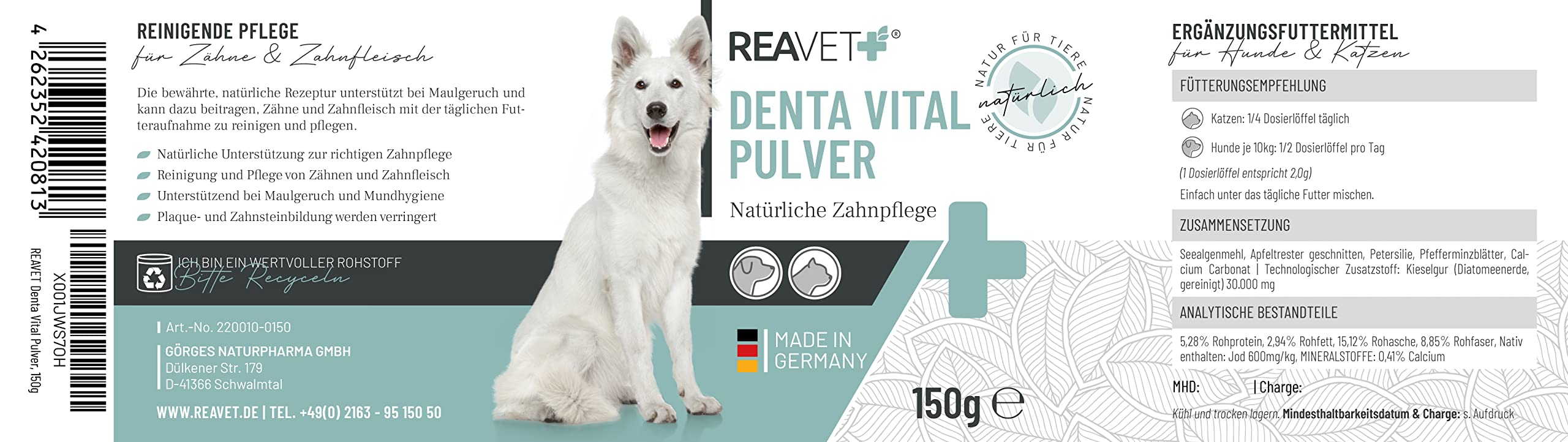 ReaVET Denta Vital - Cure dentali in polvere per cane e gatto, 150 g, contro tartaro e alito cattivo
