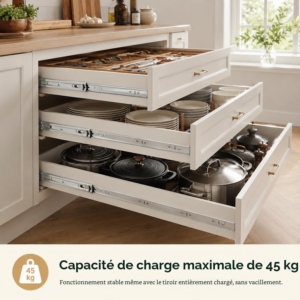 4 paires (8 pièces) de glissières de tiroir 350 mm, extension complète, capacité de charge 45 kg, montage latéral, pour meubles, cuisines et placards, argenté