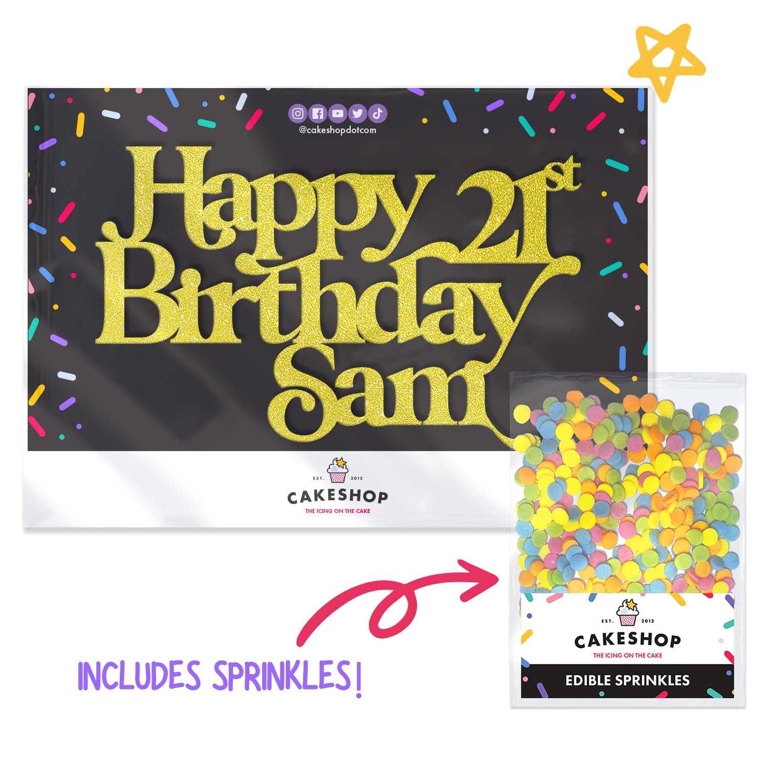 Personalised Happy Birthday Glitter Cake Topper, Champagne Any Name & Any Age Glitter Cake Decoration and Sprinkles - Image 2