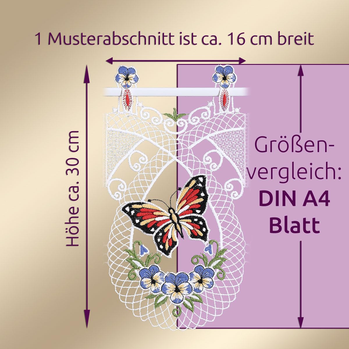 Scheibengardine Sabina Schmetterling mit Stiefmütterchen Rot-Blau Vogtländische Spitze | Landhaus-Spitzengardine mit filigraner Stickerei Fensterdeko für Frühling & Sommer Höhe x Breite 30 x 80 cm