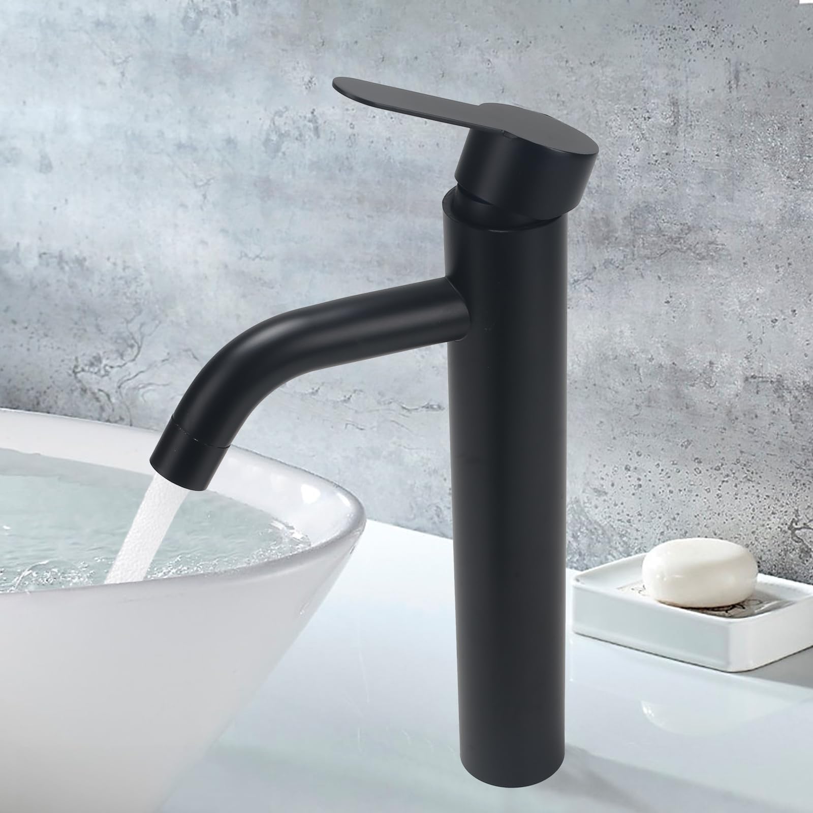 Grifo de Lavabo Alto Negro de Acero Inoxidable Cromo Monomando Baño Control de Agua Fría Y Caliente