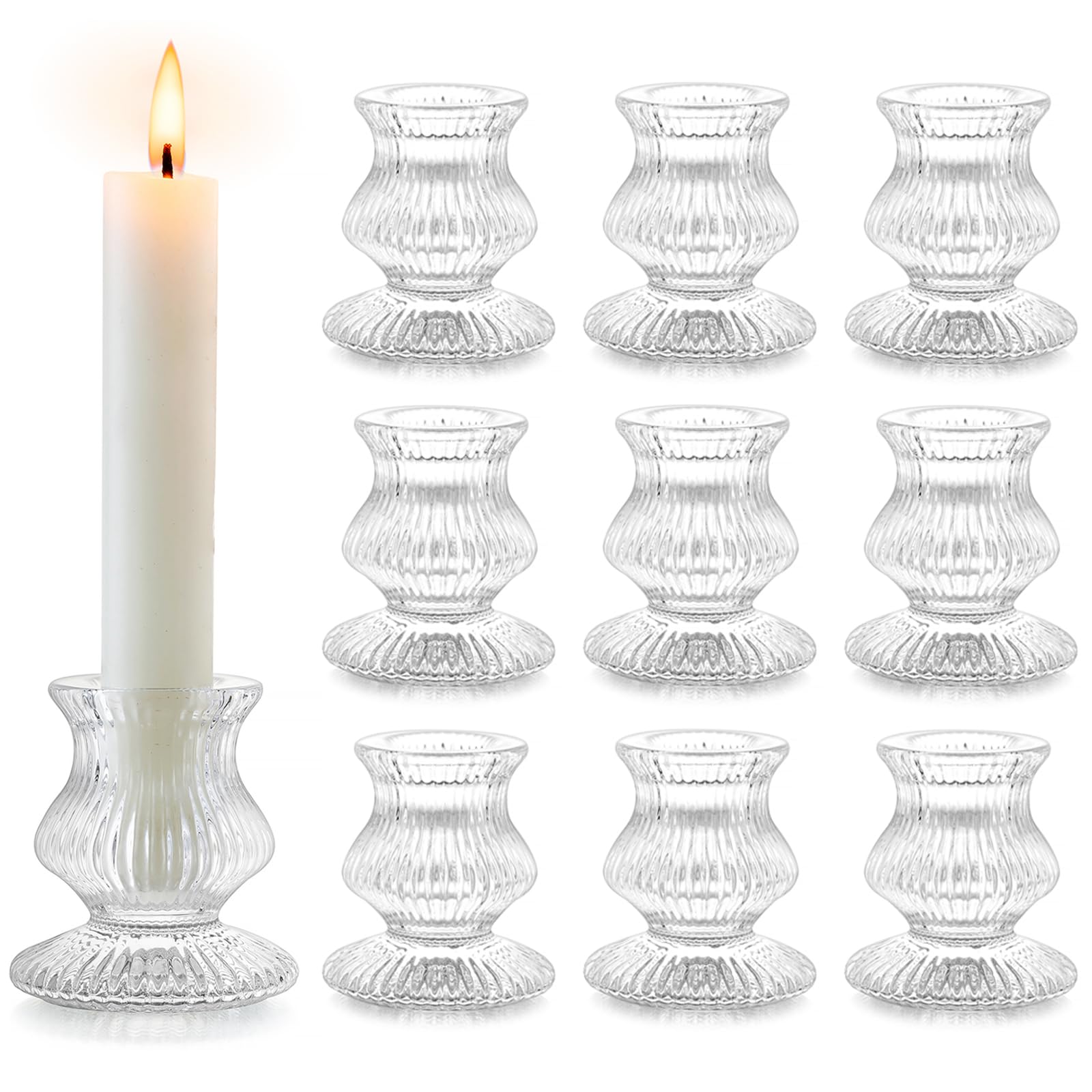 Romadedi Glass Candle Holder for Candlestick - 10 Pcs Clear Small Tapered Candle Holder Decor Bulk Wedding Table Centerpiece for Candle Sticks