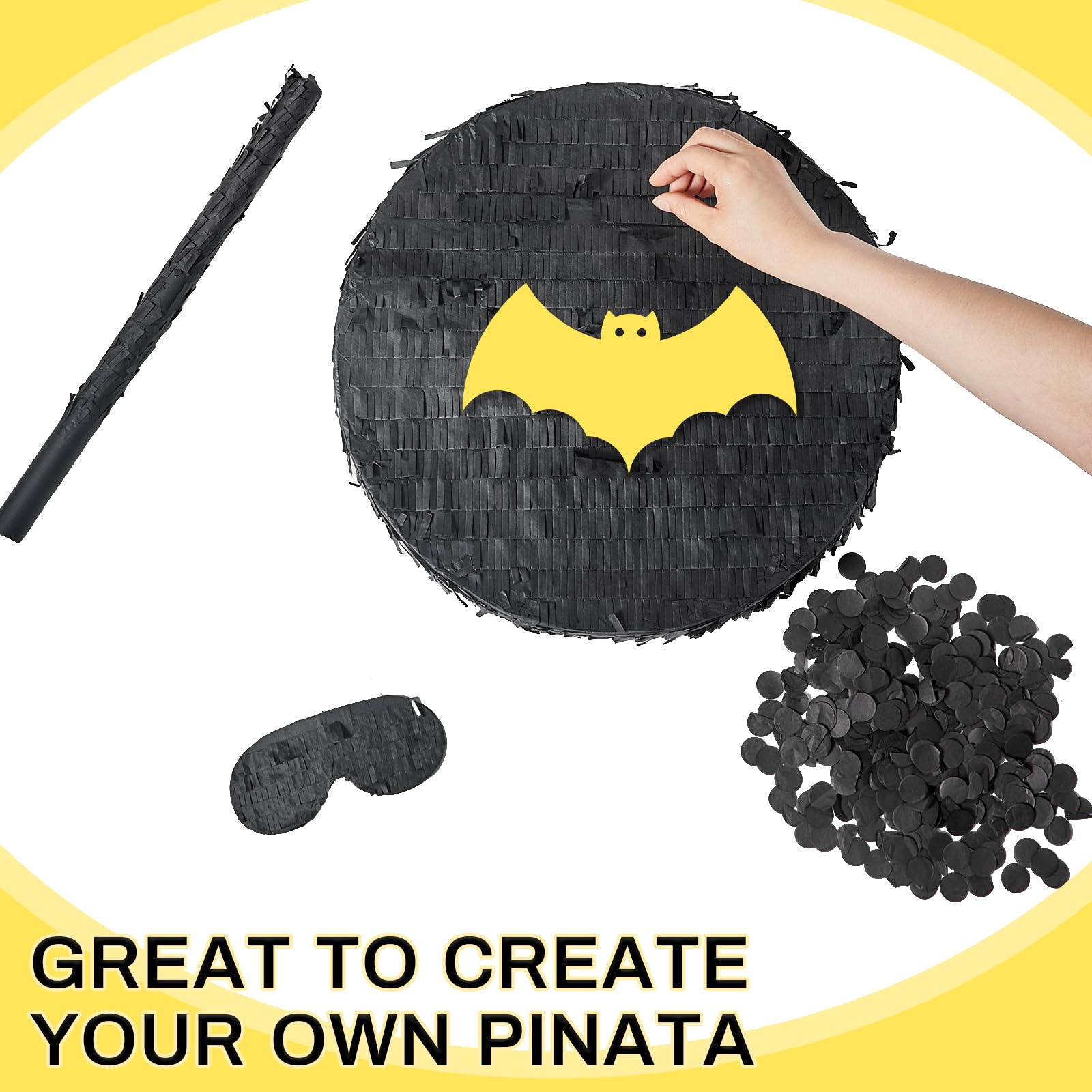 Jenaai 16" Round Blank Piñata with Stick, Blindfold and Confetti for Adults and Kids' Birthday Parties(Black)