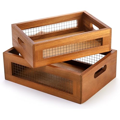 Dicunoy Set of 2 Decorative Wooden Crates, Rustic Countertop Nesting Basket with Handle, Antique Small Storage Containers for Fruit, Veggies, Kitchen, Bathroom, Shelf, Pantry, Gift Basket