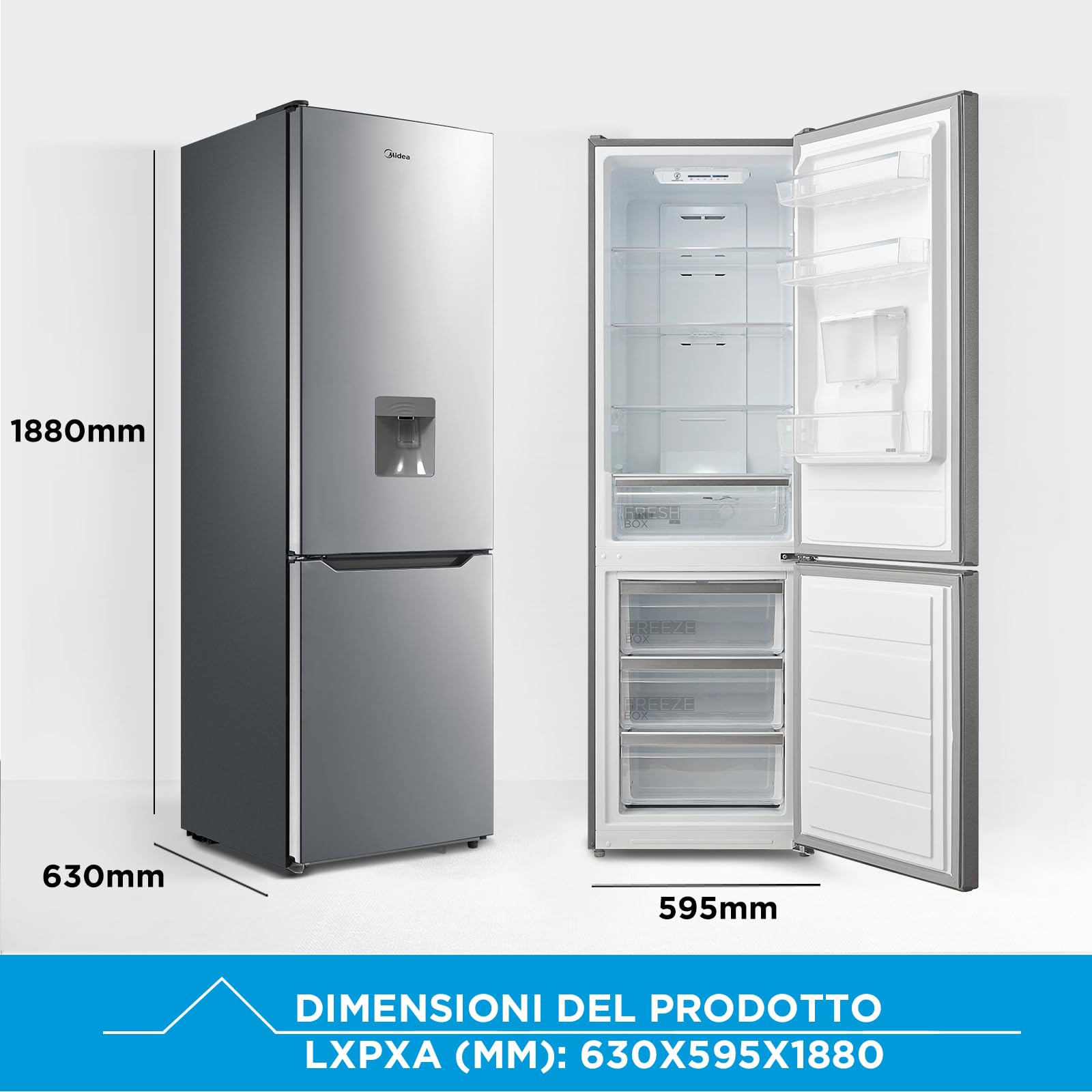 Midea MDRB424FGE02IW 310L Frigorifero Combinato, Libera Installazione, Total No Frost, Ventilazione MultiFlow, Doppia Porta Reversibile, Controllo Touch