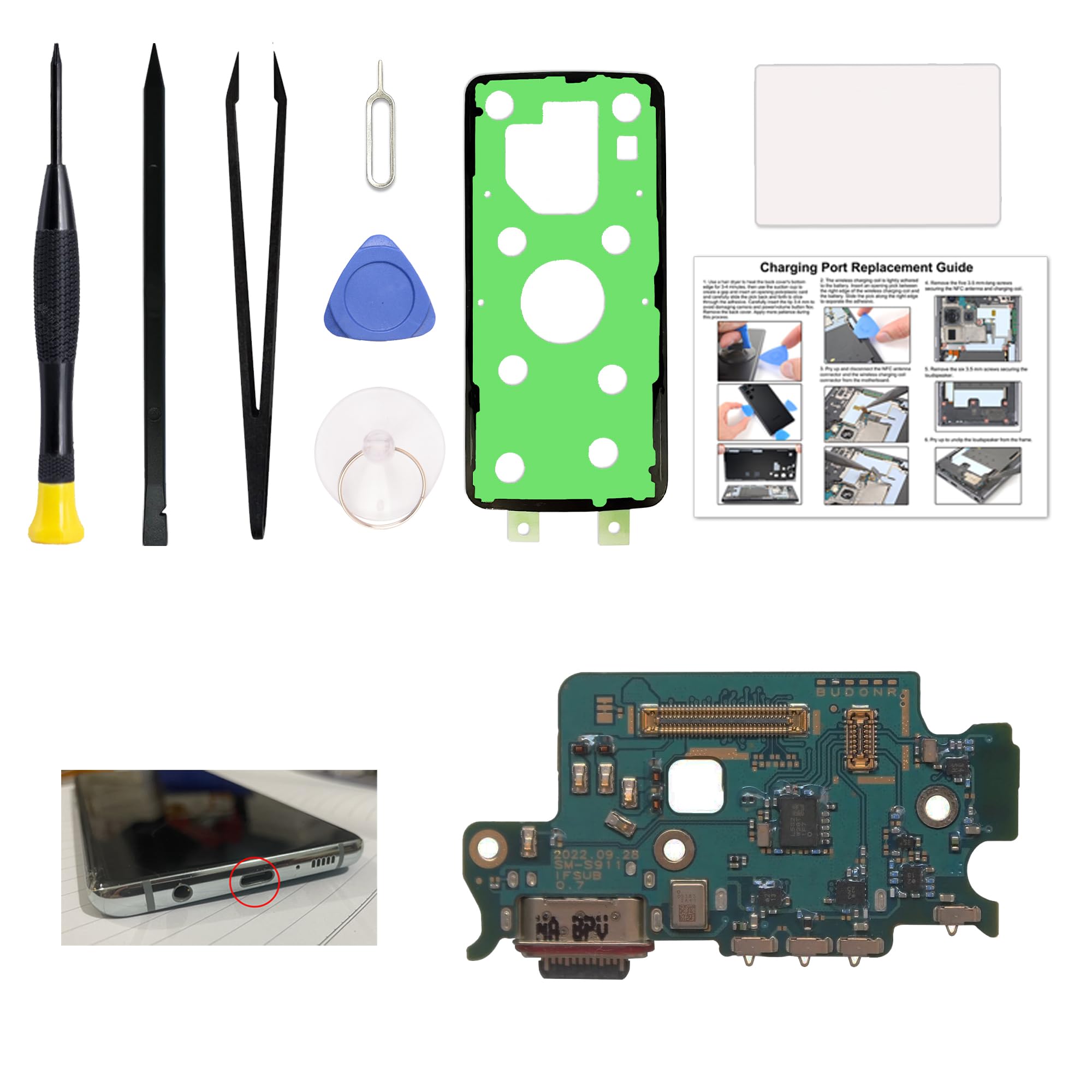Charging Port Replacement Kit Compatible with Galaxy S23 US Version, Dock Board USB-C Connector Only for S23 SM-S911U, SM-S911U1, SM-S911W, with Instruction Manual, Toolkit
