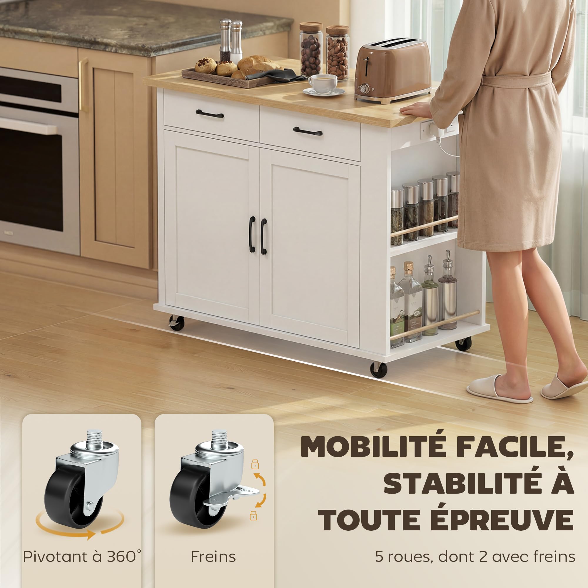 HOMCOM Îlot de Cuisine avec Station de Charge, Chariot de Cuisine à roulettes avec Plan de Travail Rabattable, Racks à Épices, 2 Tiroirs et Étagère Réglable, pour Cuisine et Salle à Manger, Blanc
