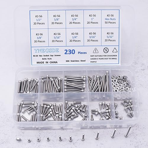 Miniatura 5 de Kit surtido de tornillos de cabeza hexagonal, tornillos y tuercas 2-56 UNC, kit surtido de tornillos de máquina 304 de acero inoxidable 304, rosca