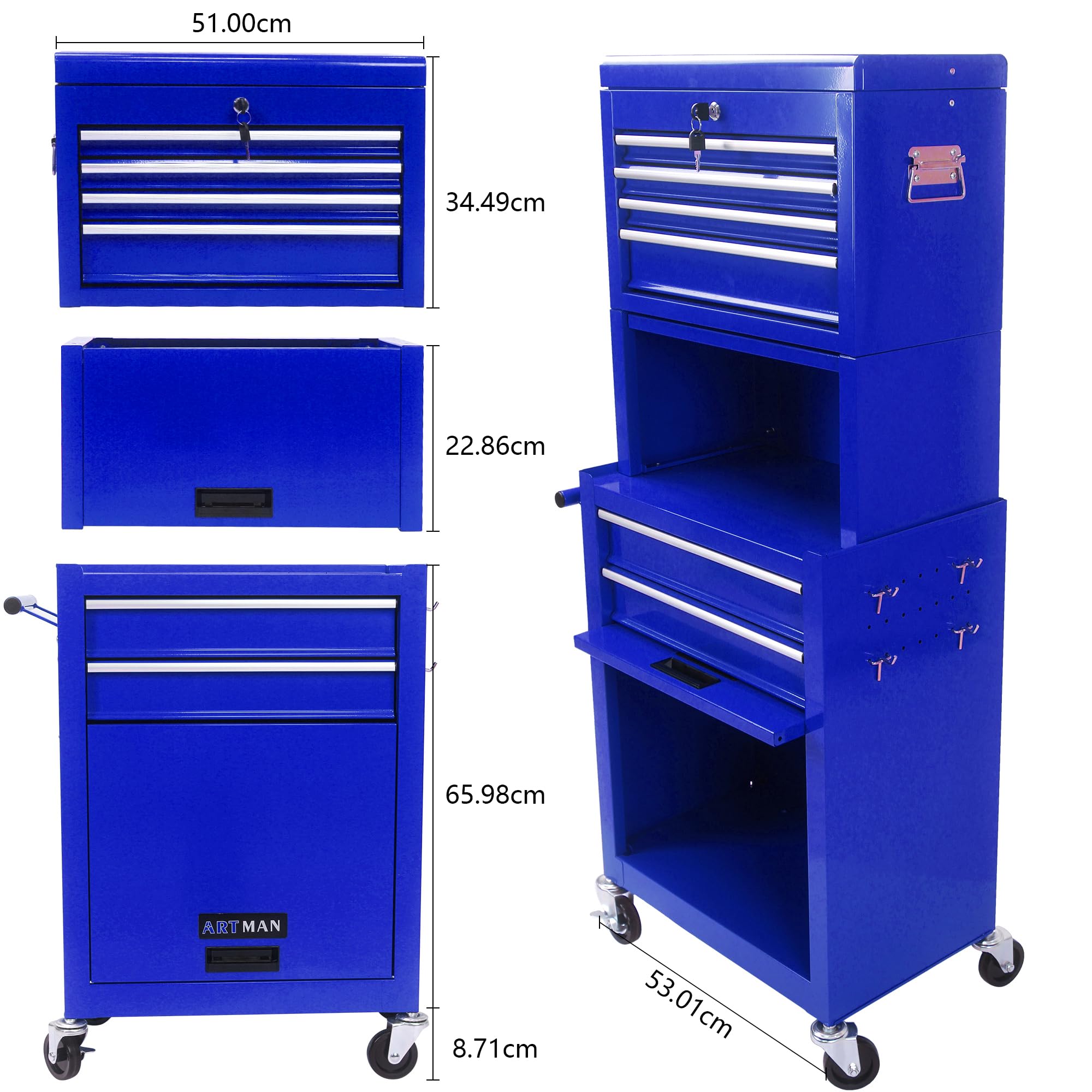 Generisch Carrello portautensili con 6 cassetti con contenitore arrotolabile bloccabile, 4 ruote universali (2 frenate) e pannello sospeso – organizzatore blu 2 in 1 per garage/officina