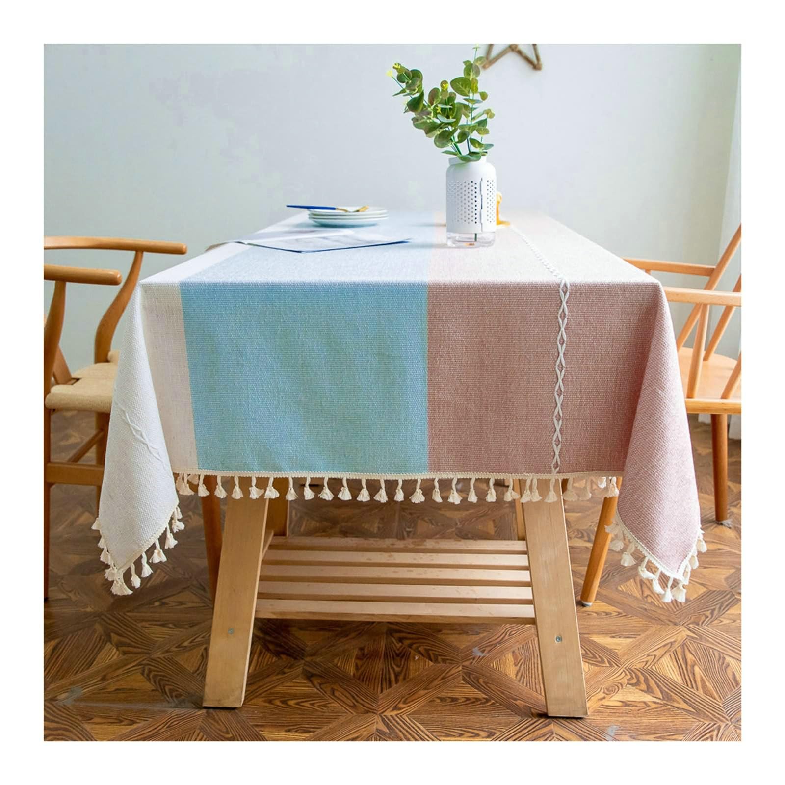 Gualiy Manteles Cuadrados Restaurante, Algodón Lino Mantel de Mesa Moderno 140x260CM Manteles de Mesa Antimanchas Rayas Jacquard con Borlas Mantel para Mesa de Salon, Blanco Azul Rojo