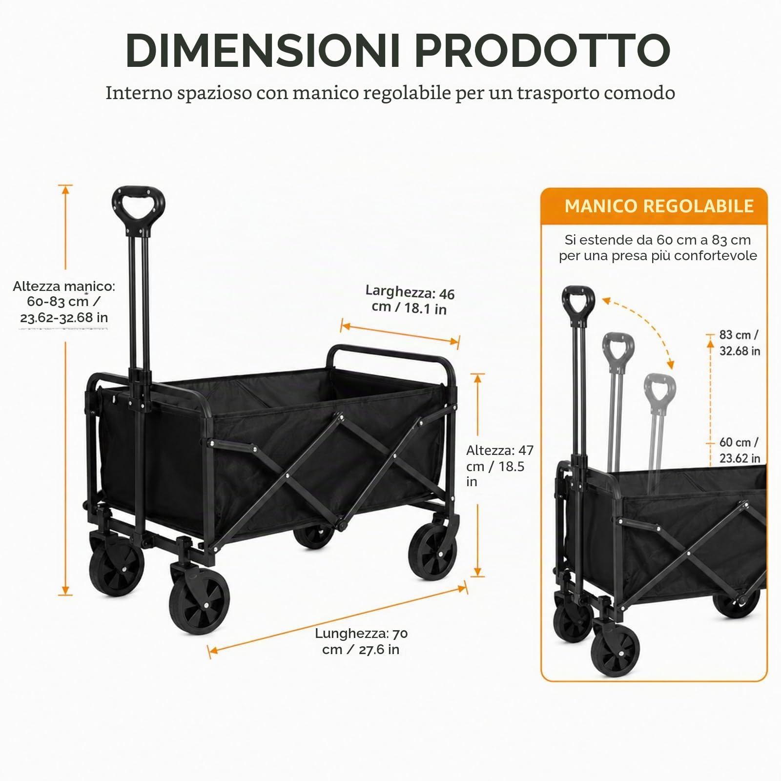 NCONCO Carrello Pieghevole con Ruote, 100L 150KG Carrello Spesa e Spiaggia | Carrello da Campeggio Portatile con Maniglia Regolabilee Ruote Larghe 360°, Carrellino Trasporto per Giardino e Auto