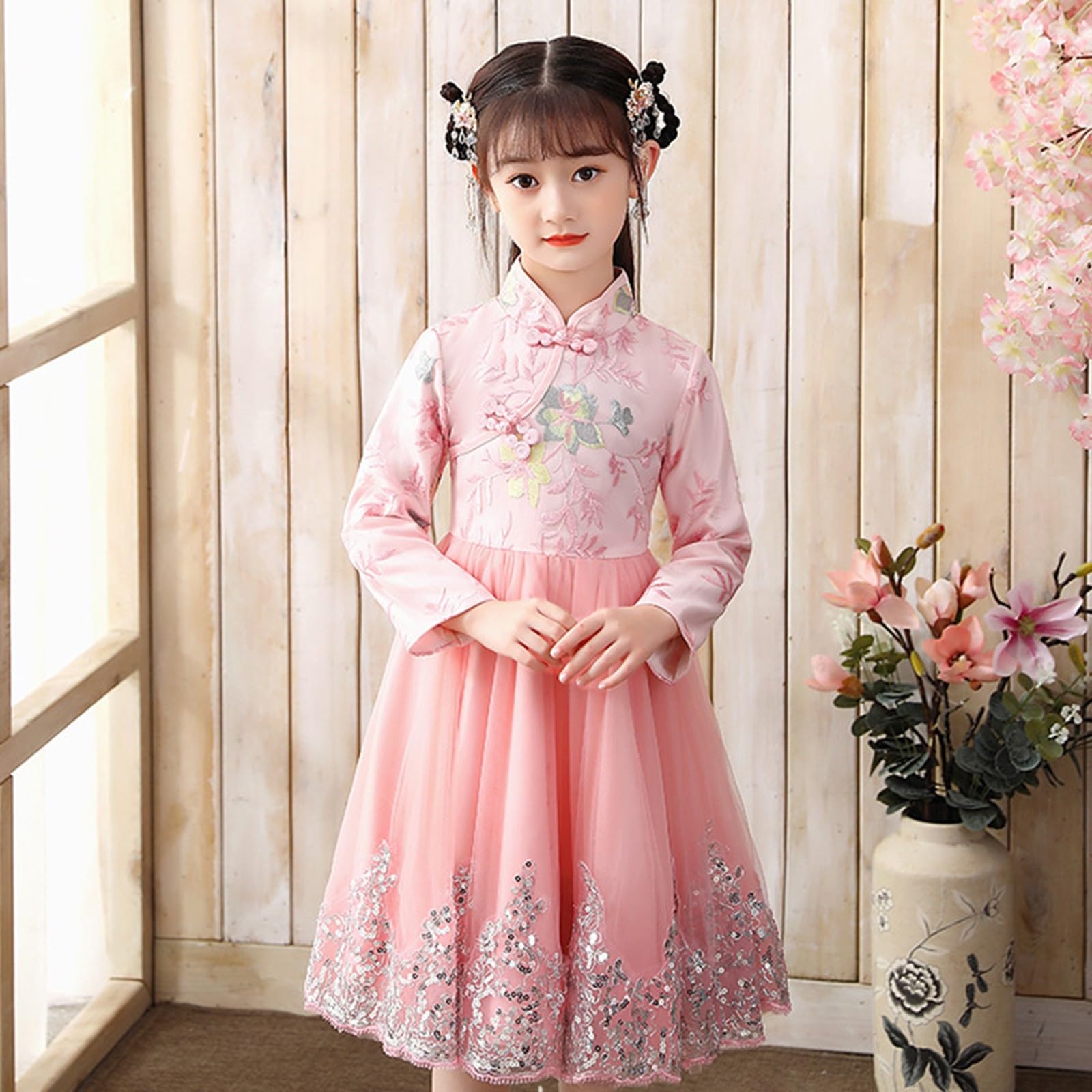Chinesisches Kleid für Mädchen, Qipao, Blumenmuster, lange Ärmel, A-Linie, Neujahr, Geburtstag, Hochzeit, Cheongsam, Kinder, traditionelles Festival-Outfit