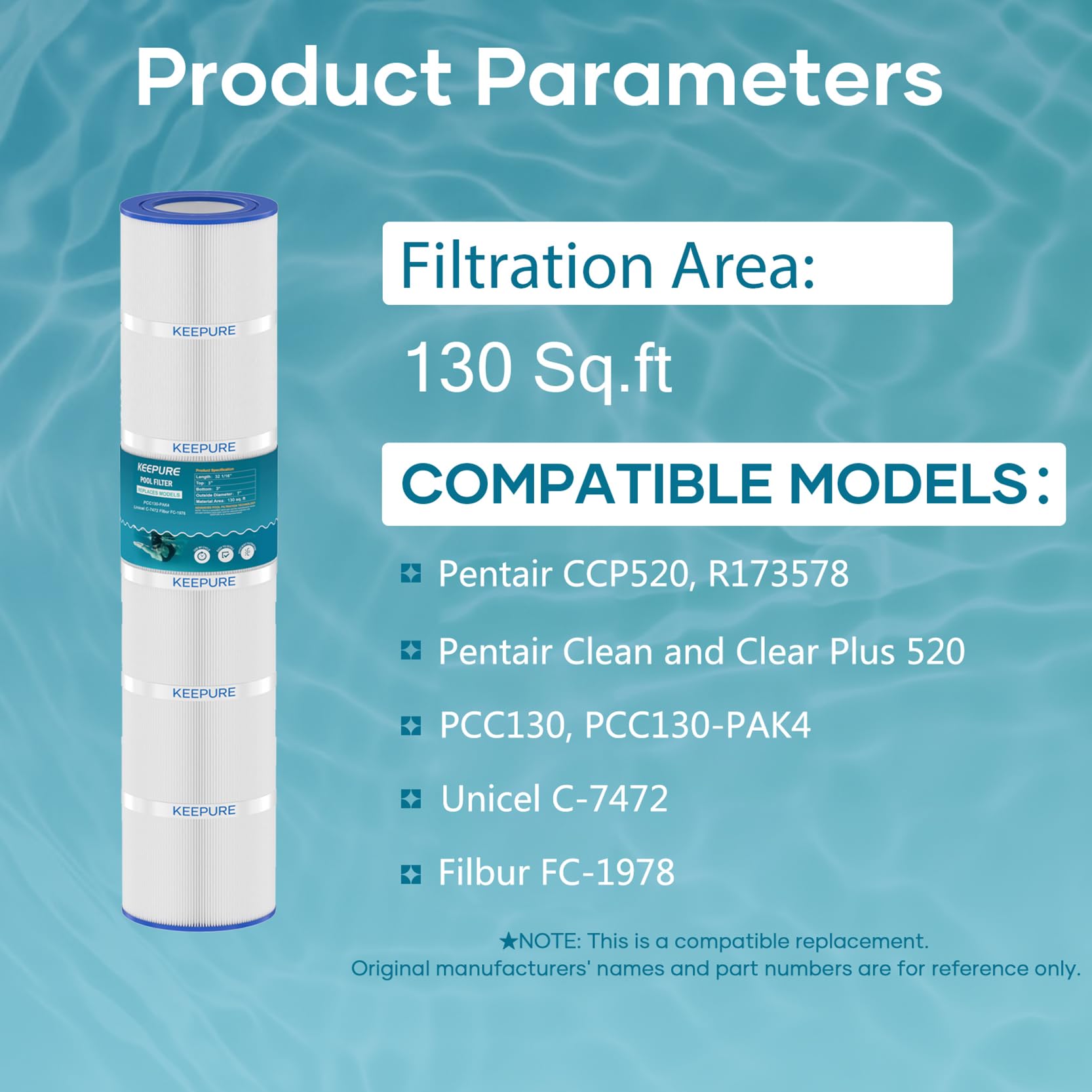 PCC130 Lot de 4 filtres de piscine de rechange pour CCP520, R173578, PCC130, C-7472, FC-1978, FC-6475, Clear Plus 520, 817-0131, 178585