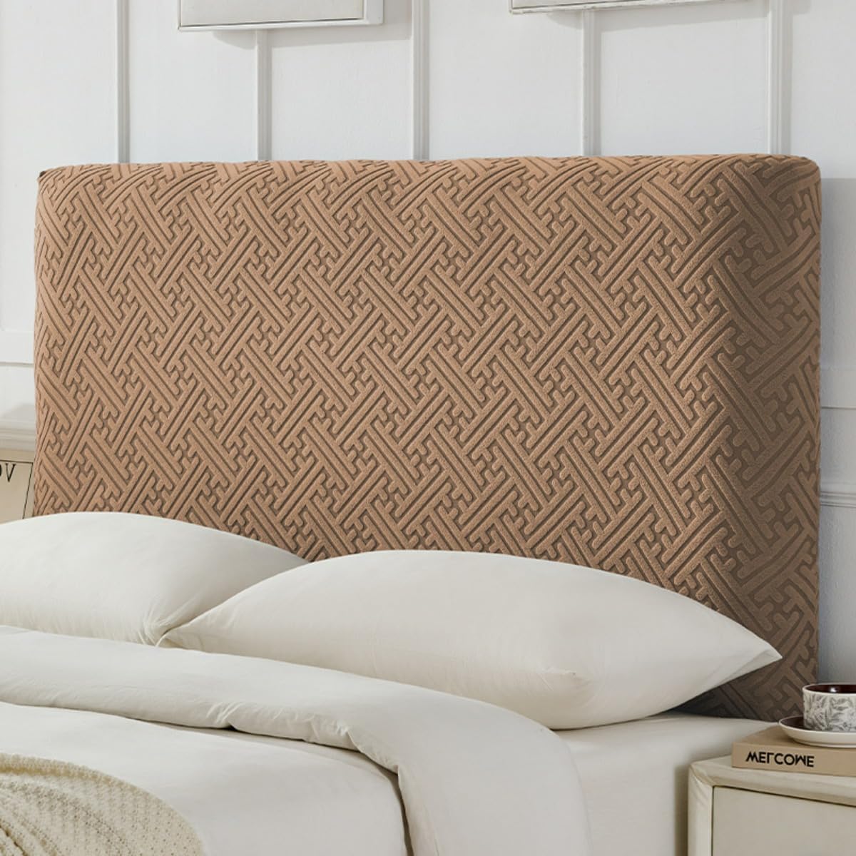 CAMZ Stretch Headboard Covers for Full Queen King Size, Jacquard Bed Headboard Slipcover Anti Slip Headboard Dustproof Protector Cover (Coffee-F,King:190-210cm/75-82'')