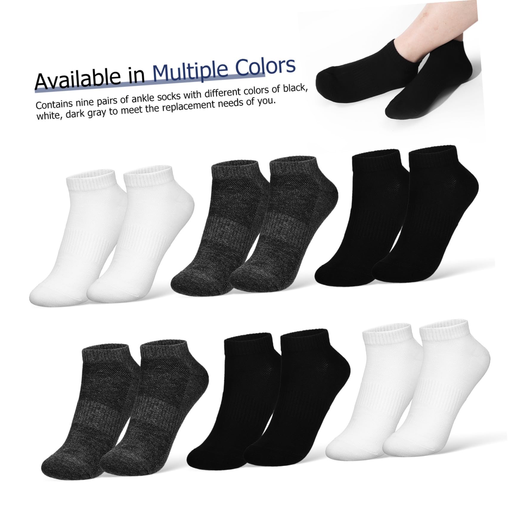 9 pares Calcetines Hombre Tobilleros Transpirables Algodón Soporte Elástico para Running Deportes Negro Gris
