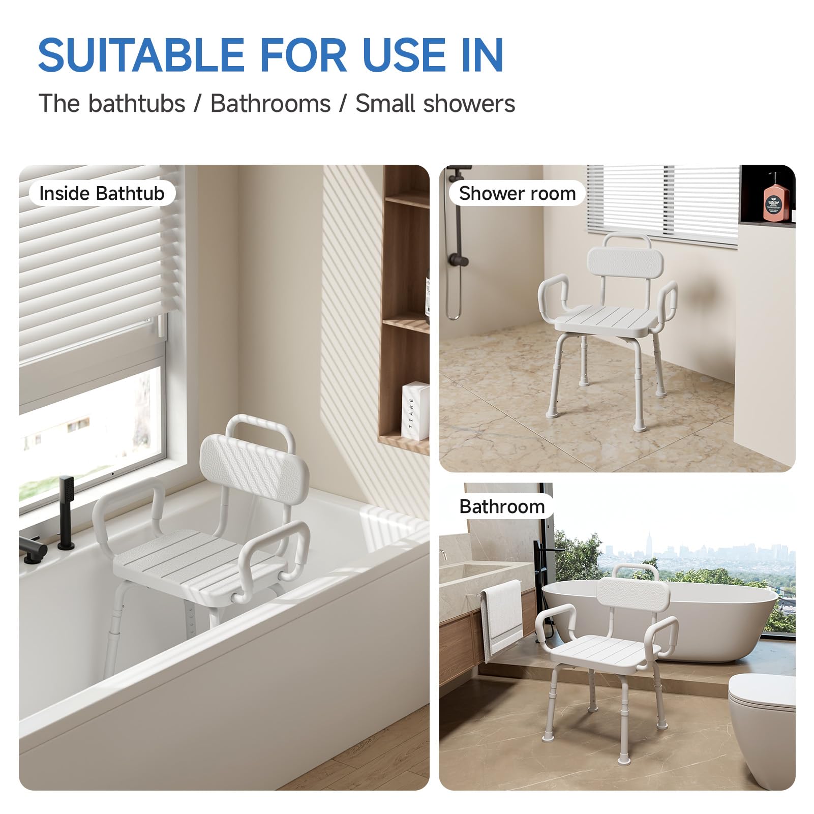 Loyoda Silla de ducha de aluminio con asiento giratorio de 360°, extraíble, respaldo y brazos, capacidad de 160 kg