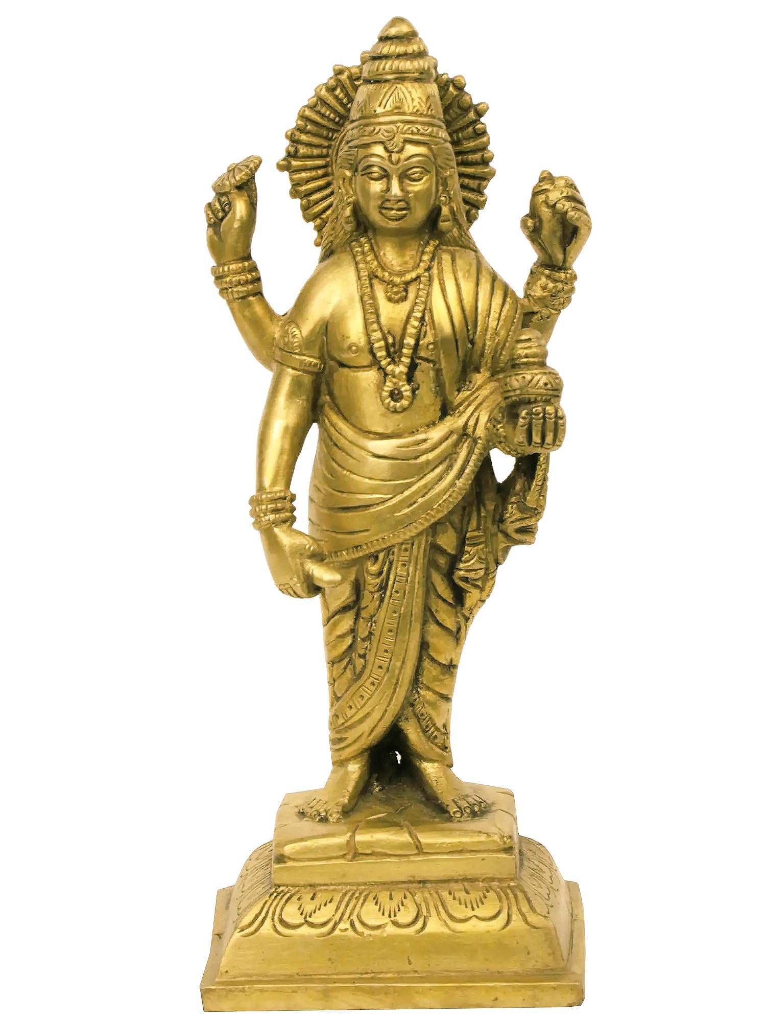 Lord Dhanvantari Brass Religious Statue, Traditional Hindu Deity Sculpture, Gold Tone, 8 Inch Height, 3.5 Inch Width
