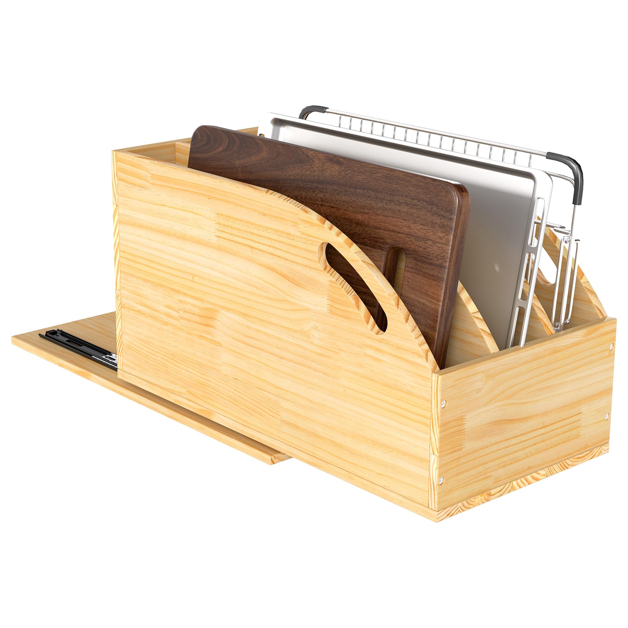 Organizador de gabinete extraíble, organizador de gabinete de cocina de madera con separadores verticales de bandeja, para almacenar sartenes, bandejas de hornear, tapas, tablas de cortar