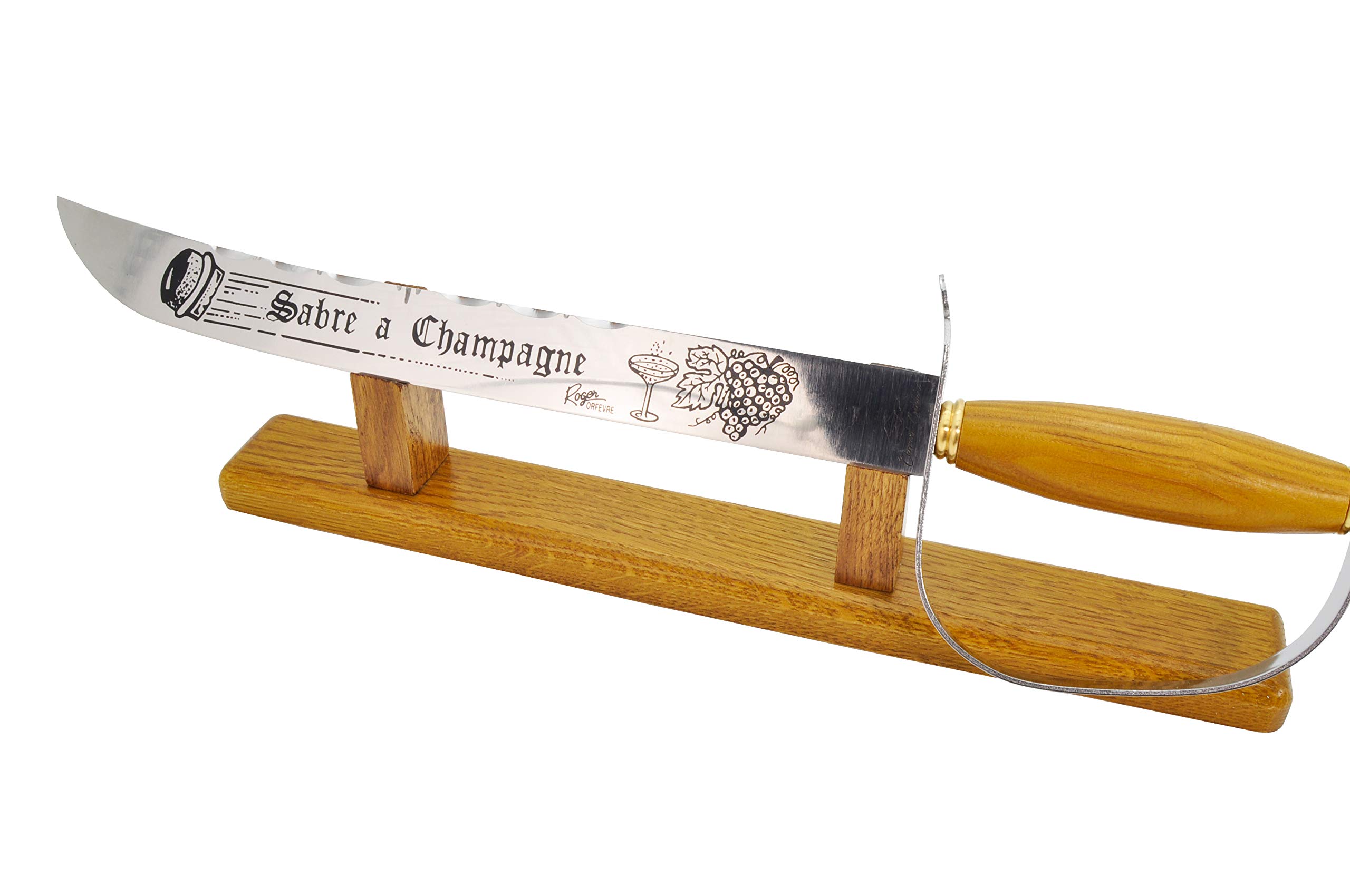 Laguiole Stainless Steel Champagne Saber/Champagne Sword With Oakwood Handle And Stand, Made in France by Clermont Coutellerie