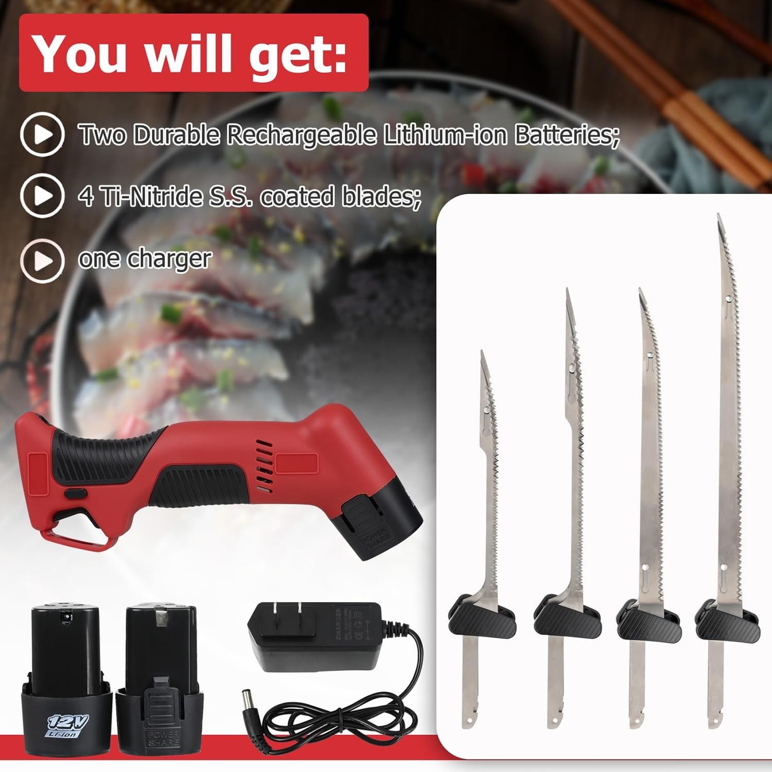 Cuchillo for filetear pescado inalámbrico, cuchillo for filetear eléctrico for pescado con 4 cuchillas alternativas antiadherentes recubiertas de nitruro de ti, cerradura segura, 2 baterías y bolso fo