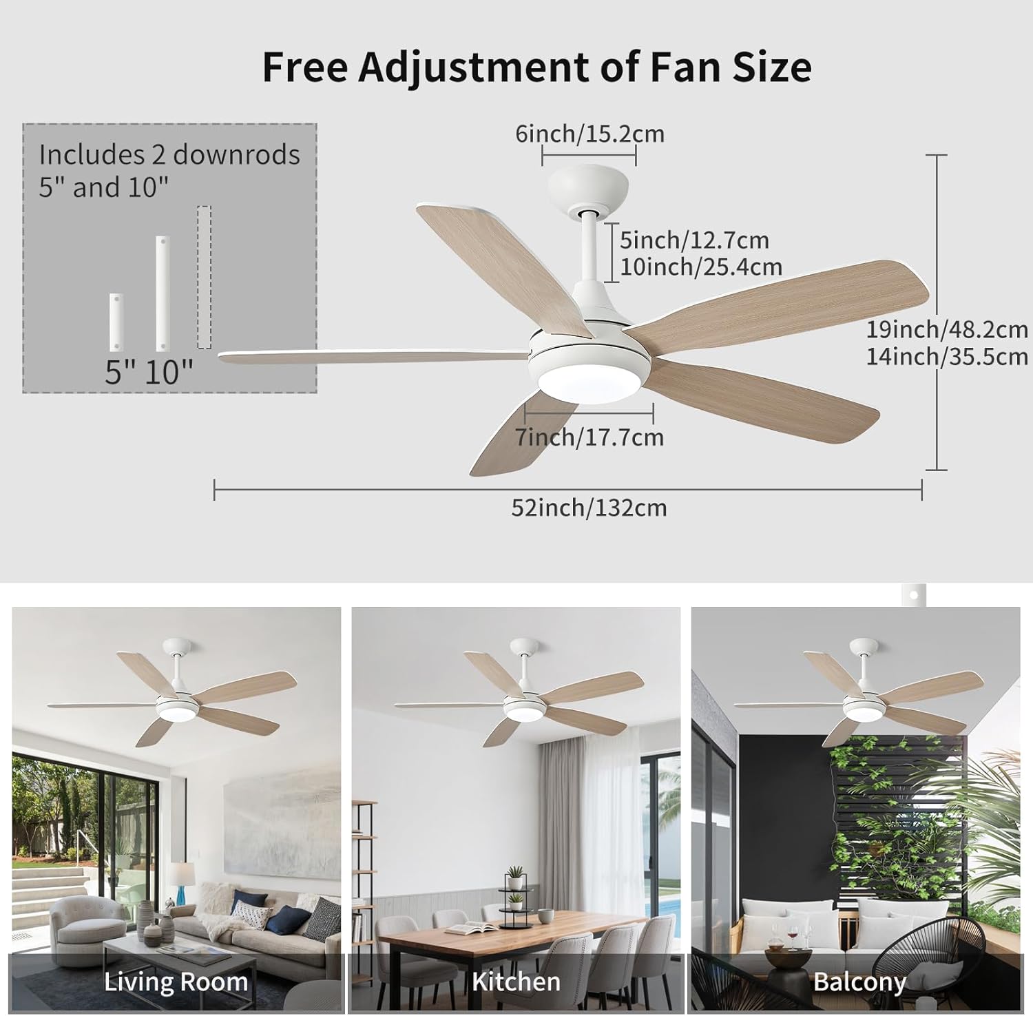 52 Inch Solid Wood Ceiling Fans with Lights and Remote, Dimmable 6-Speed Outdoor Ceiling Fan with Light, 5 Blade Ceiling Fan with 3-Timer Reversible DC Motor for Bedroom, Living Room