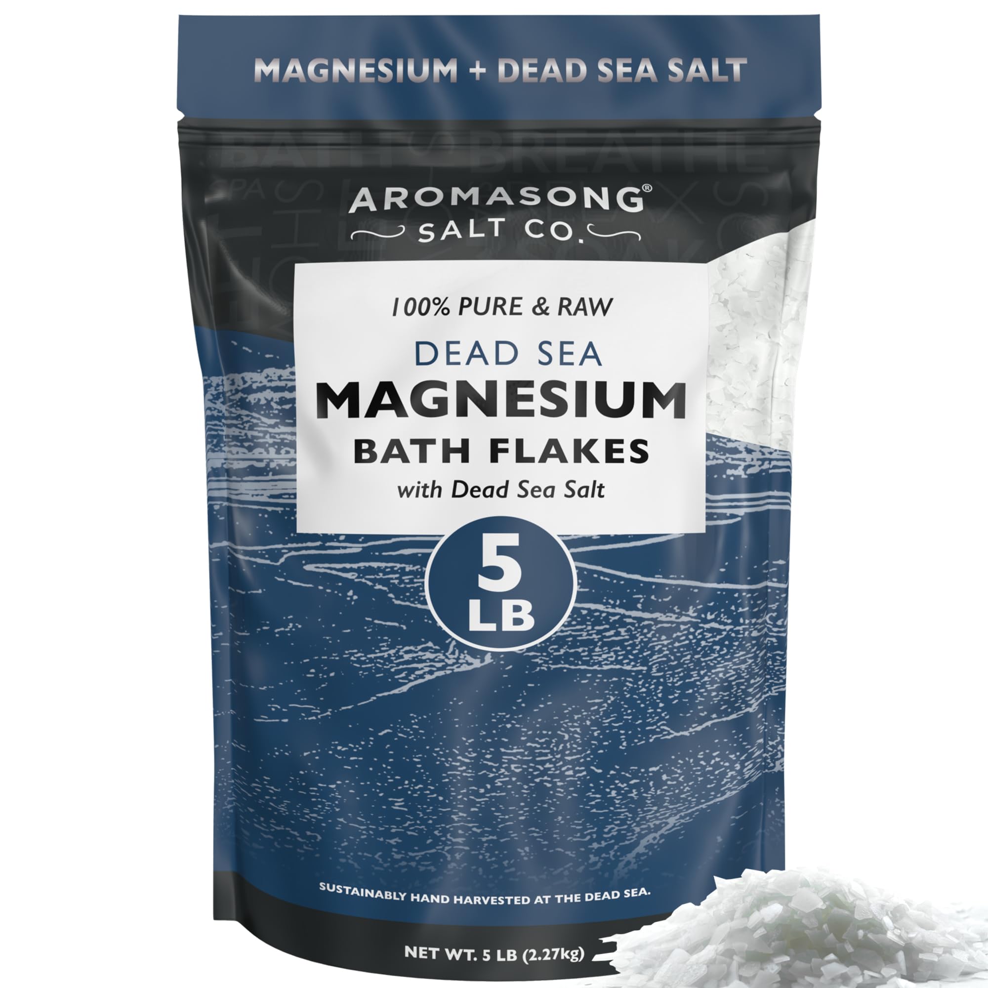 Aromasong Raw Magnesium Flakes for Bath + Dead Sea Salt for Soaking - 5 Lb Resealable Pack Magnesium Chloride Flakes - Organic Bath Salt Relaxing Mineral Soak (Packaging May Vary)