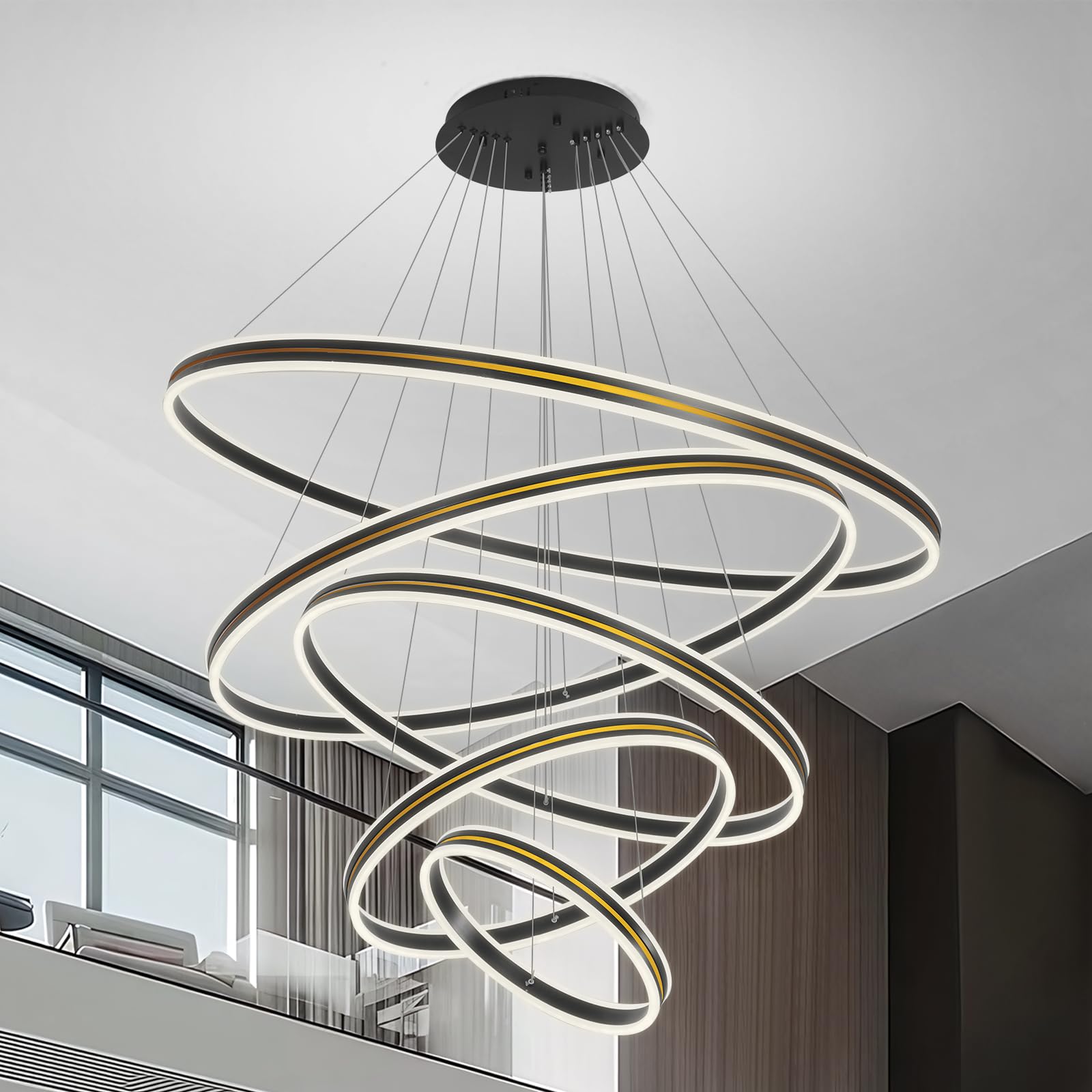 YATAI Modern LED Chandelier,5 Rings Black Chandelier for Dining Room, Acrylic Adjustable Height Chandelier Lighting Fixture Ceiling Hanging Modern LED Pendant Light 454W, 3000K-6000K