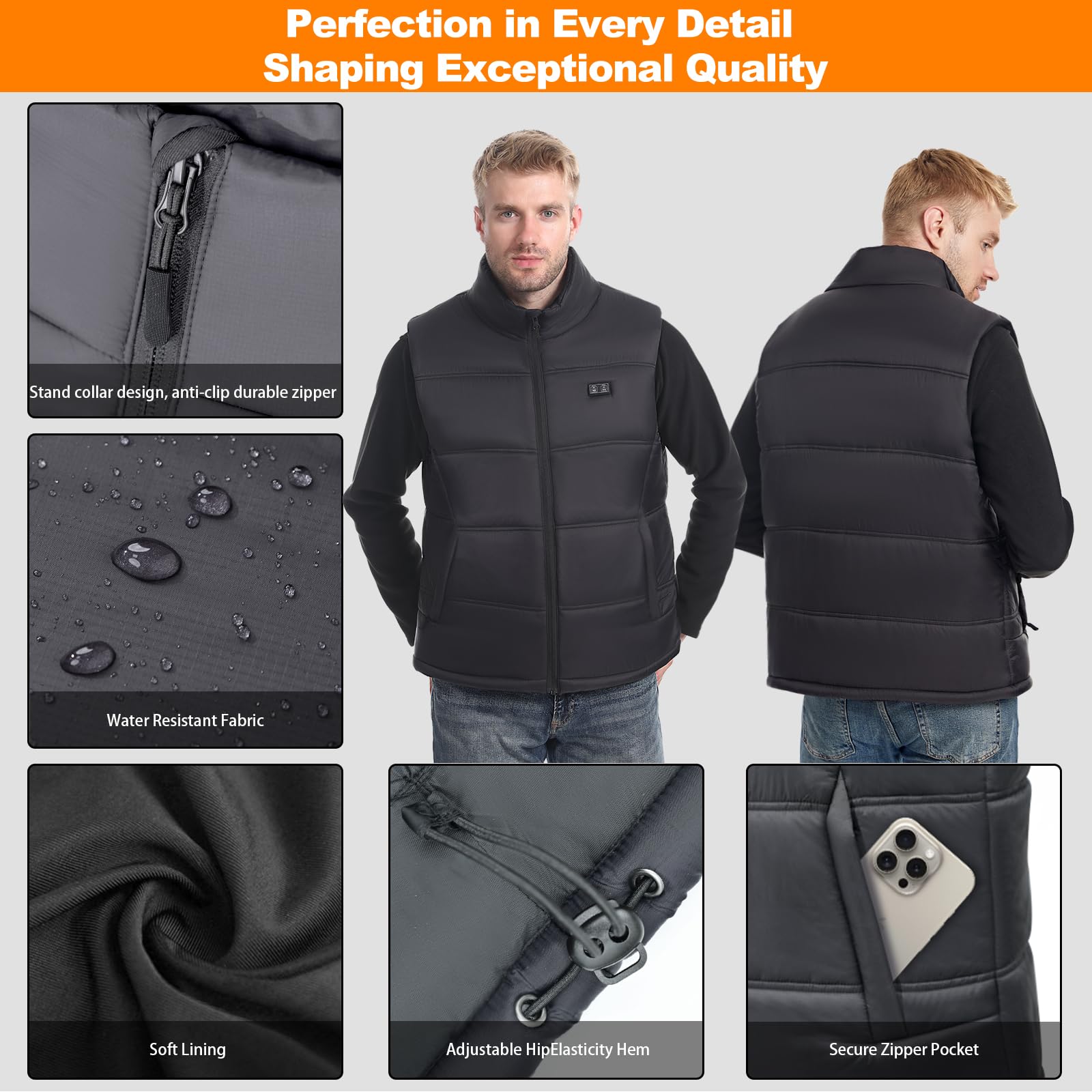 GAROERFAR Gilet Riscaldato Uomo con Batteria 12000mAh Inclusa, Giacca Riscaldata Uomo con 6 Zone di Riscaldamento, Gilet Riscaldato Elettrico Ideale per Campeggio, Caccia e Moto