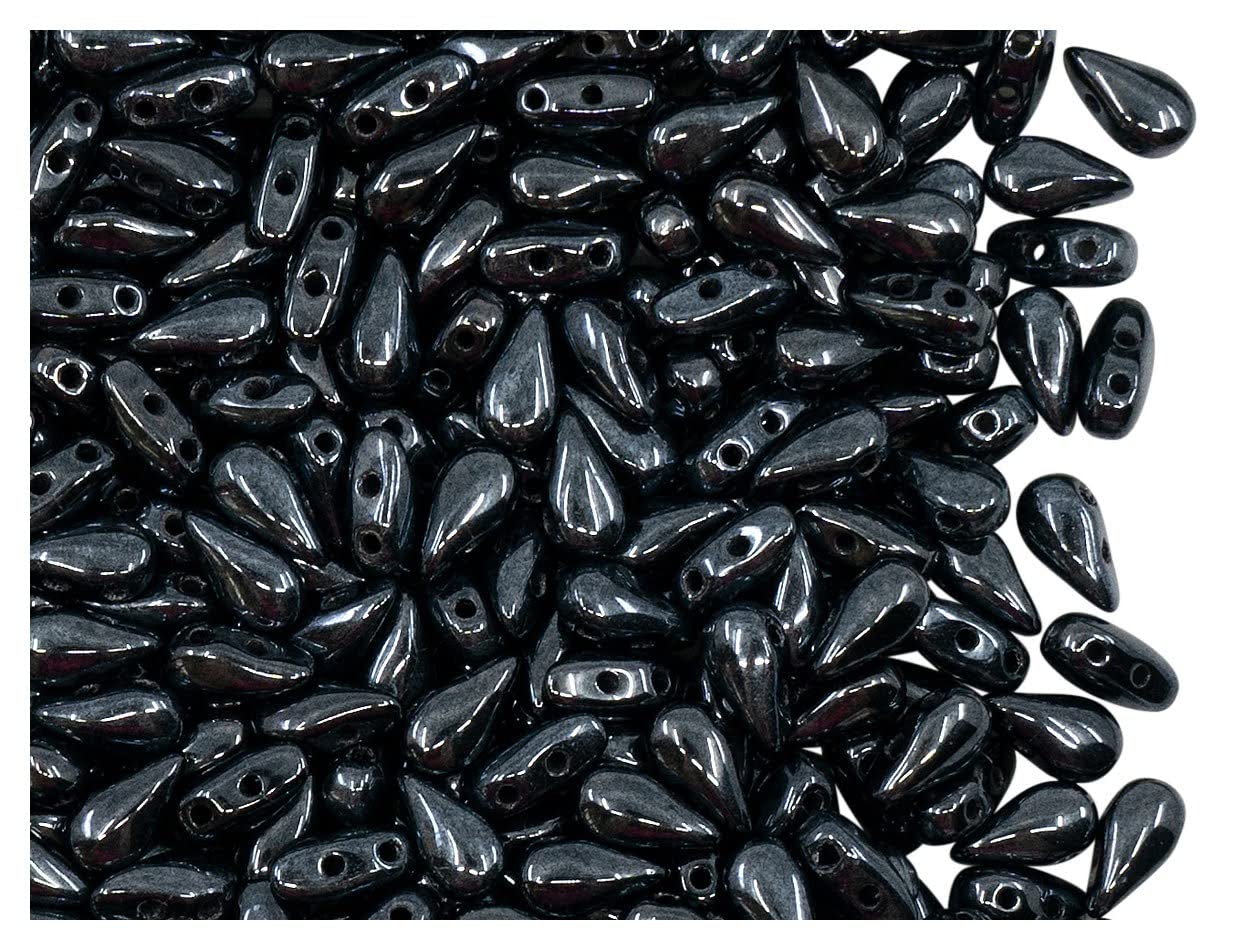 600pcs DropDuo Beads 3x6mm Two Holes, Czech Glass, Jet Hematite