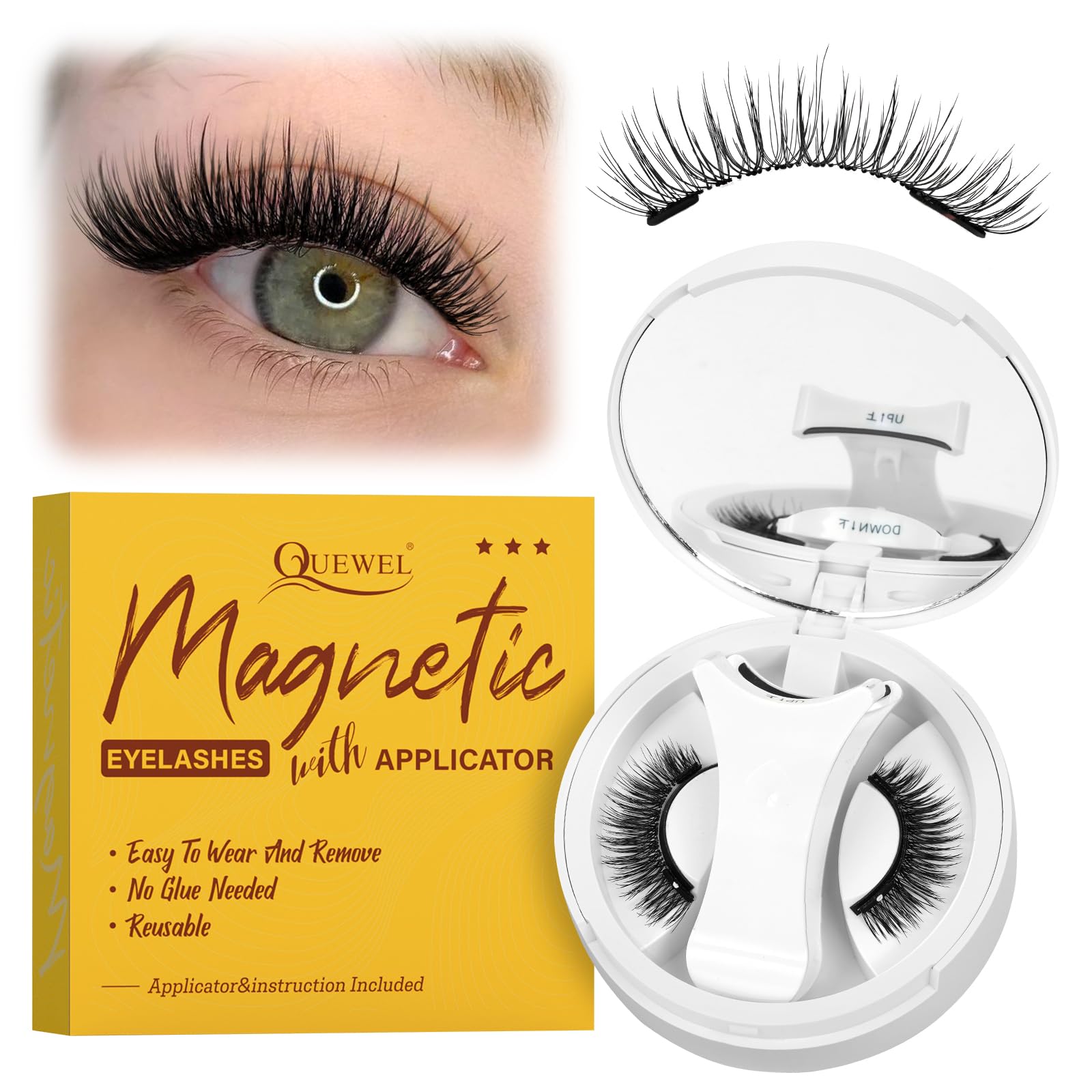 QUEWEL Magnetic Eyelashes with Applicator Reusable No Glue Needed Magnetic Lashes Cat Eye Natural Look Lashes Kit Easy to Wear and Remove(NZH A01)