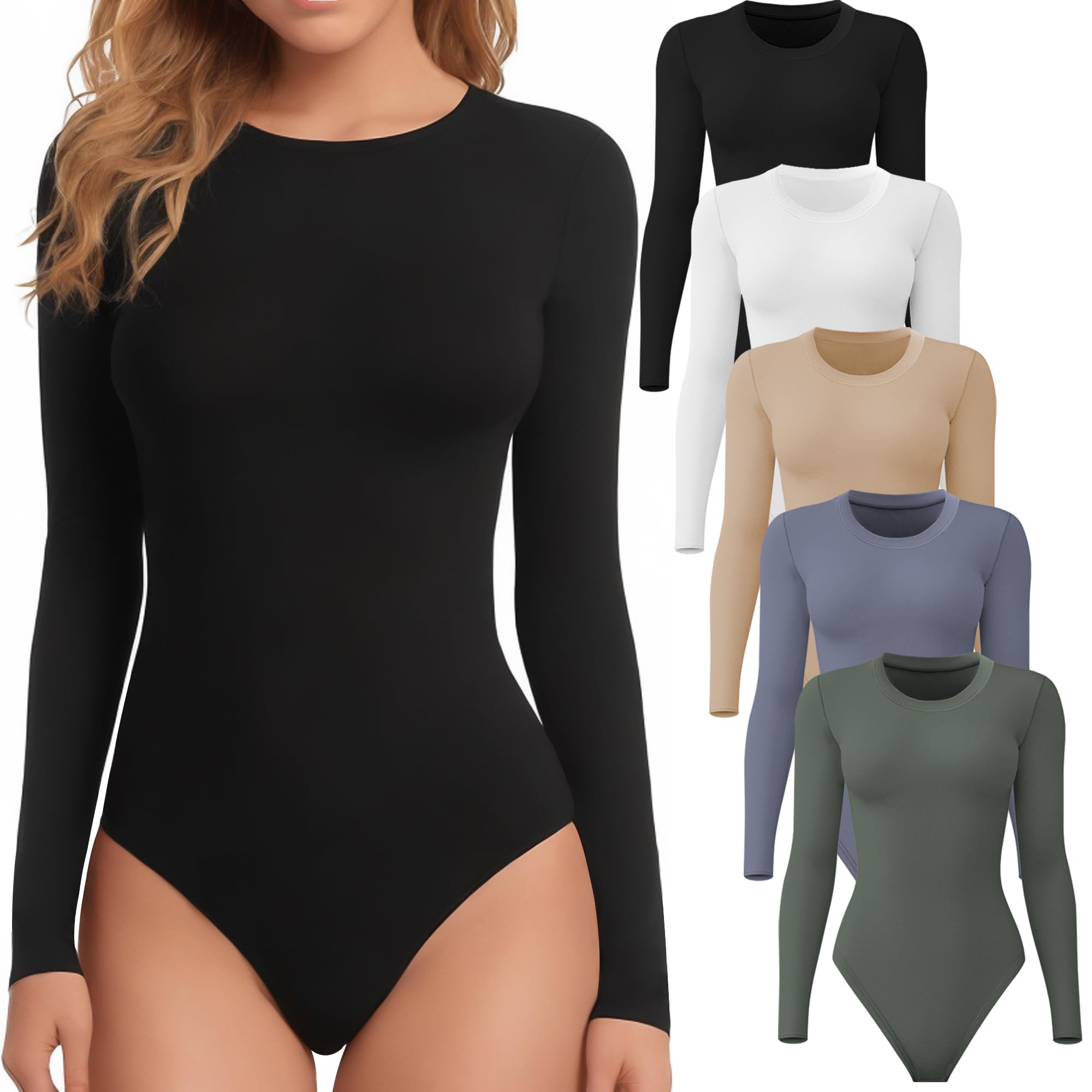 TVKSOM Paquete de 4/5 mamelucos de manga larga para mujer, cuello redondo, suave, transpirable, casual, elástico, básico