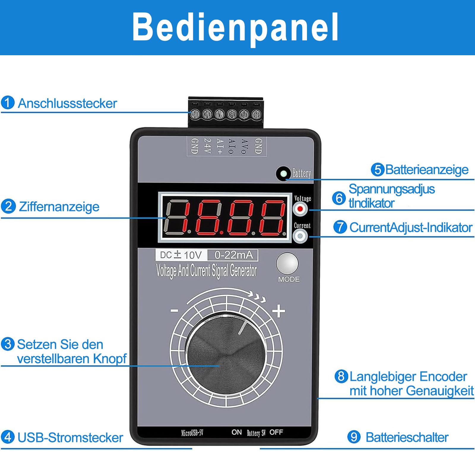 Handheld Digitaler Signalgenerator, 0-10V 0-22mA Einstellbare Spannungsstromsignalgenerator Analoger Simulator, Strom-Spannungs signal generator Stromspannung Analoger für SPS System Debugging