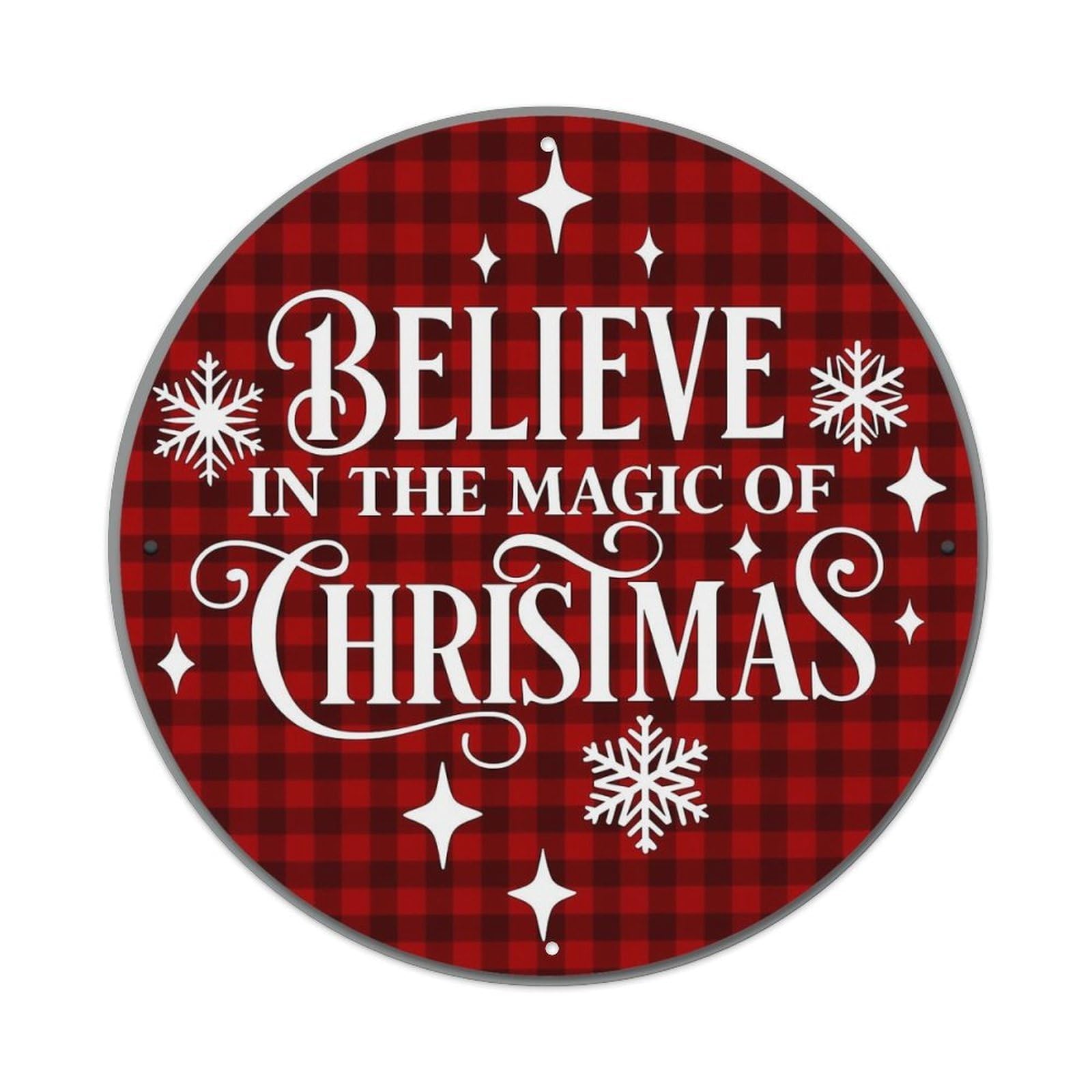 Red Plaid Christmas Snowflake Pattern Vintage Metal Tin Sign Retro Wall Decor for Home Bar Garage Cafe, Indoor & Outdoor Decorative，circle Metal Poster, 8x8 Inch