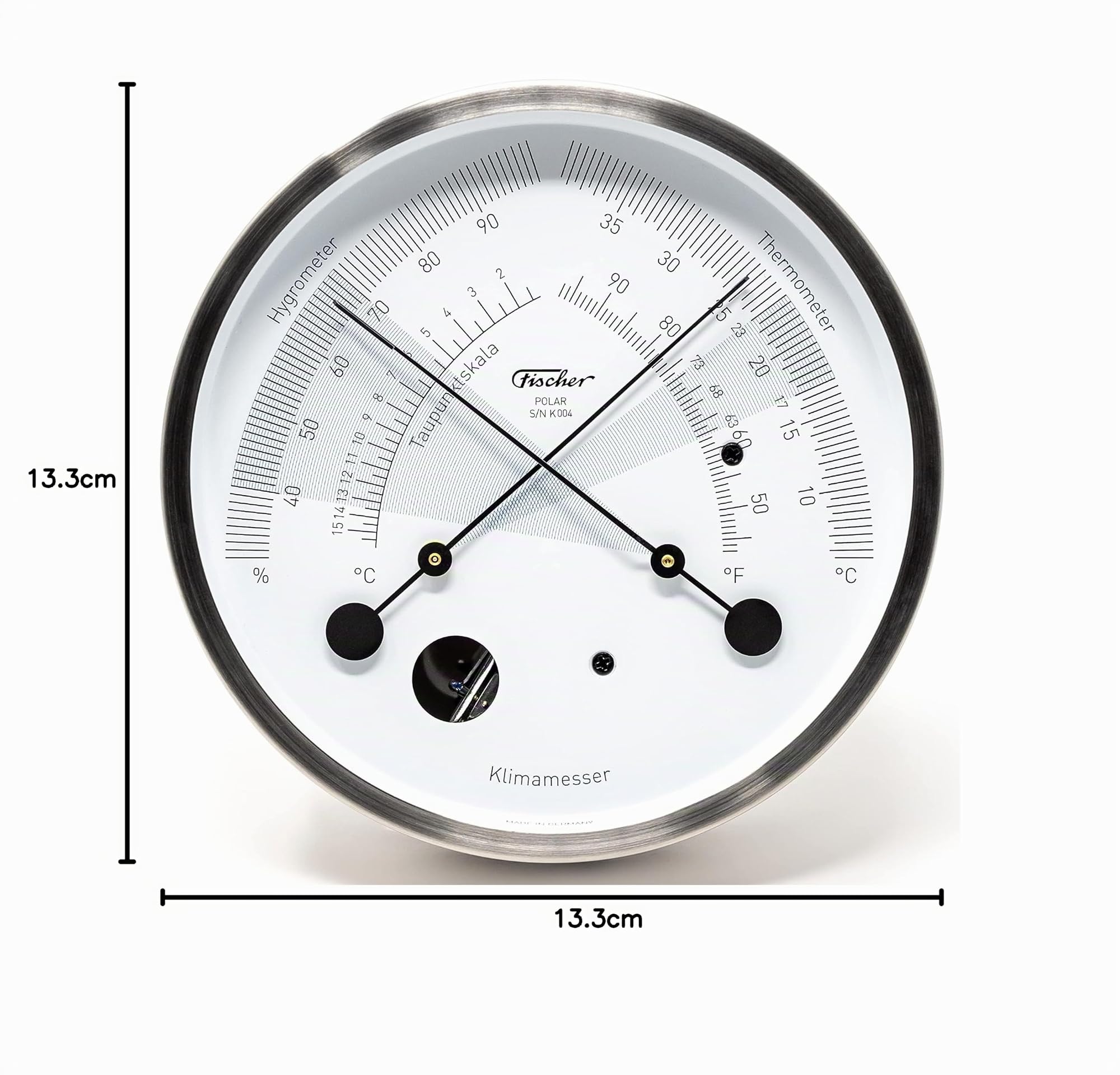 Fischer 1608K-01, POLAR Klimamesser, Thermohygrometer, Made in Germany | mit Thermometer und Haar-Hygrometer, Edelstahl-Gehäuse, Messbereich 30-100 % r. F. und 5-40 °C, 133mm Durchmesser