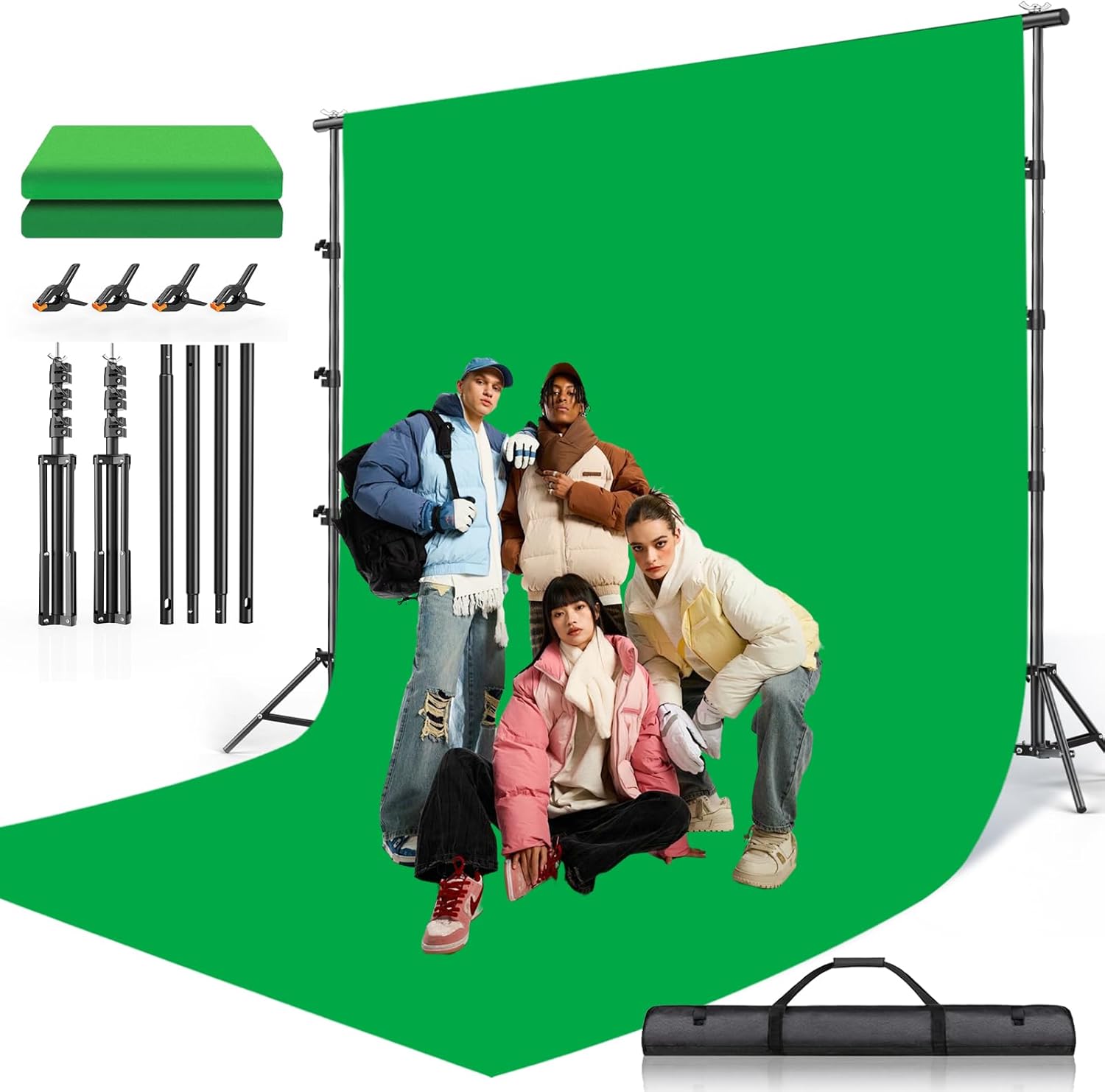 BEIYANG 8.5X10 FT Photo Background Stand &10X12 FT Green Backdrop Screen, Adjustable Background Holder Support System Kit for Photo Studio Shooting Props Parties Decoration with Carry Bag & Clamps Stand + Green