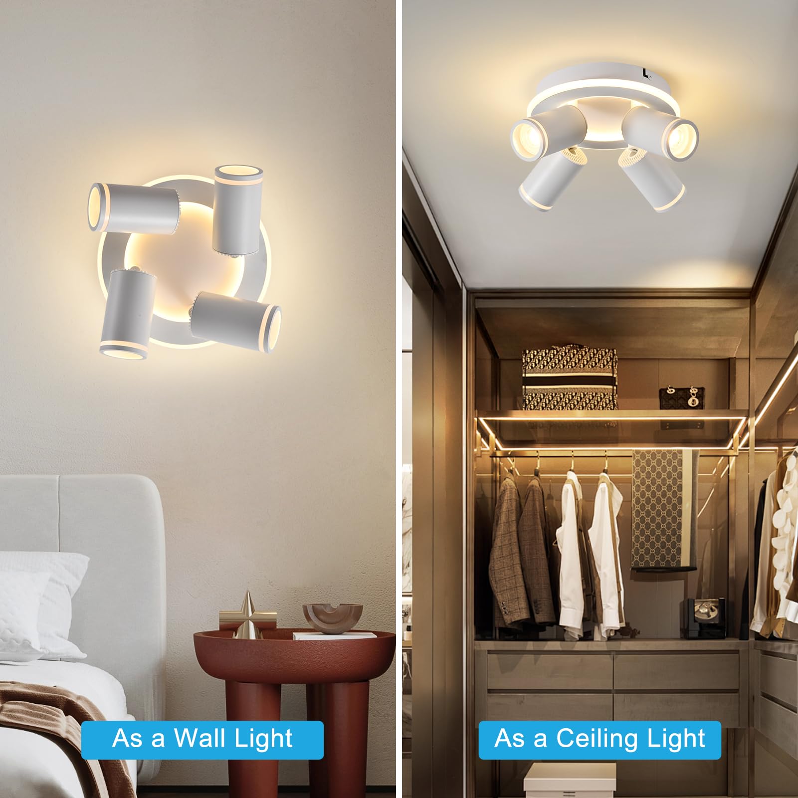 SANSHI Okrągły reflektor sufitowy, 4 obrotowe reflektory sufitowe LED 350°, nowoczesne oświetlenie oprawy z dolnym blaskiem 22 W + 4 x 5 W GU10, ciepła biel 3000 K do kuchni, salonu, biały