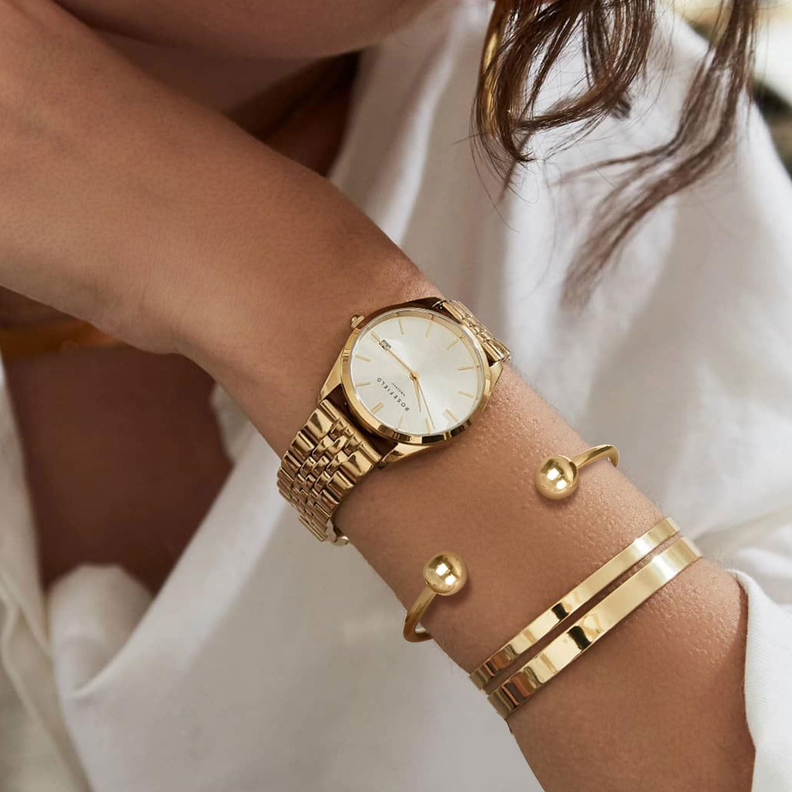 Joyería chapada en oro de acero inoxidable pulido simple brazalete brazalete abierto extremos bola brazalete para mujer 2