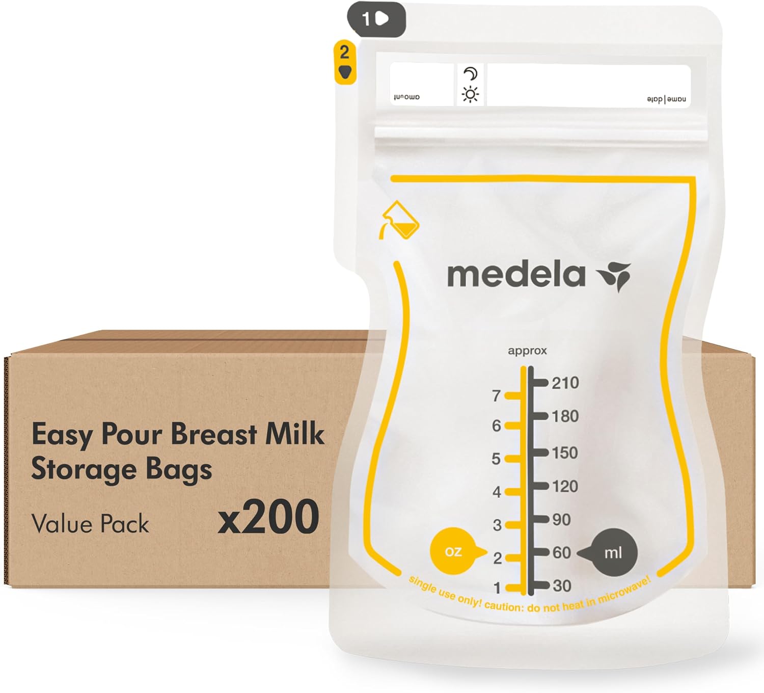 Medela Easy Pour Breastmilk Storage Bags 200 Count 7oz/210ml Disposable, Leakproof, Fast Freeze, Breast Milk Protection Recyclable & BPA Free