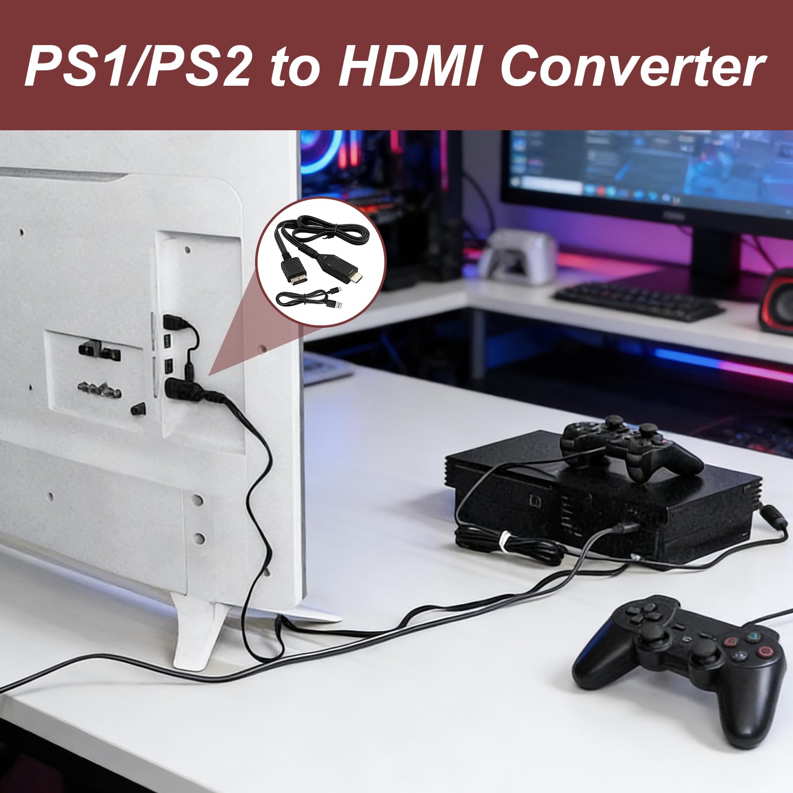 Adattatore PS1/PS2 a HDMI con cavo AV da 1 m, convertitore da PS1/PS2 a HDMI video audio 720P 1080P, segnale stabile senza perdita, plug and play per console di gioco retrò, compatibile con TV HD