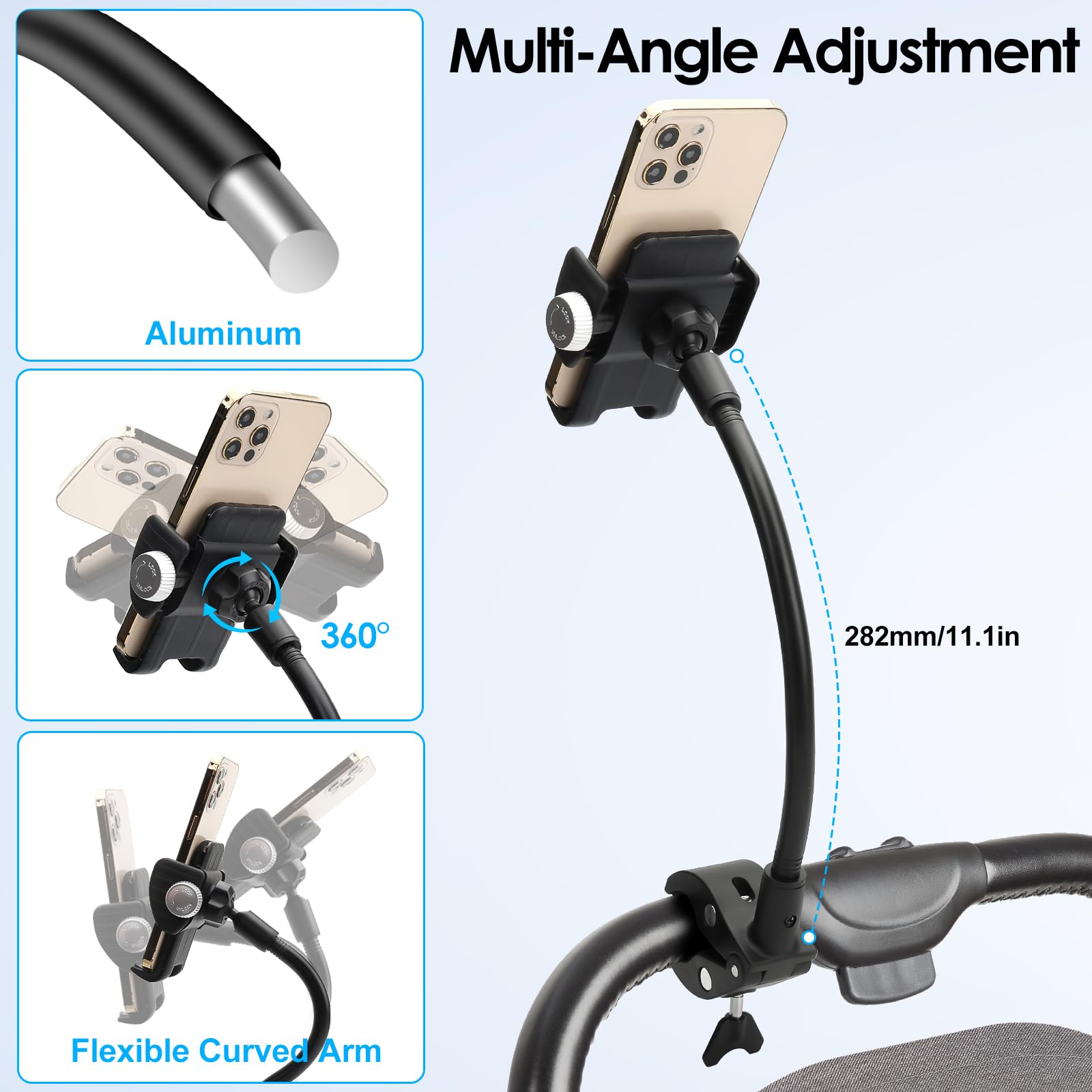 EEEKit Schwanenhals Heimtrainer Handyhalterung, Universelle Lenker Halterung für Rollstuhl, Kinderwagen, Mikrofonständer, Fitnessrad Lenkerklemme, Kompatibel mit Smartphone 4,7–7,0 Zoll