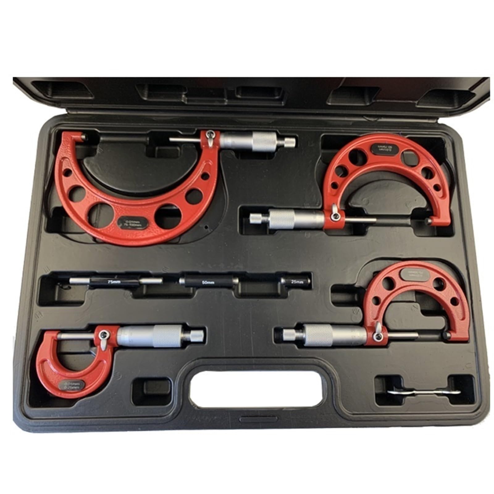 Bügelmessschrauben 0-25 mm-50 mm-75 mm-100 mm Außenmikrometer-Set mit Standards, Ratschenanschlag, 0-100 mm Bereich, 0,01 mm Teilung (4-teiliges Set)