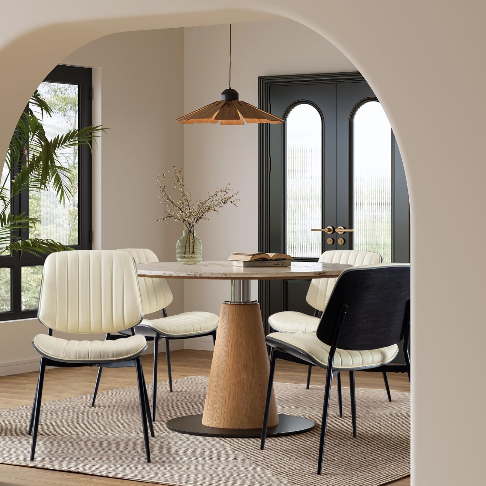 SoarFlashLeather Dining Chair Set of 4, Modern Kitchen Dining Chair with Walnut Back, Adjustable Feet, Upholstered Fabric Kitchen Side Chairs with Metal Legs, Beige