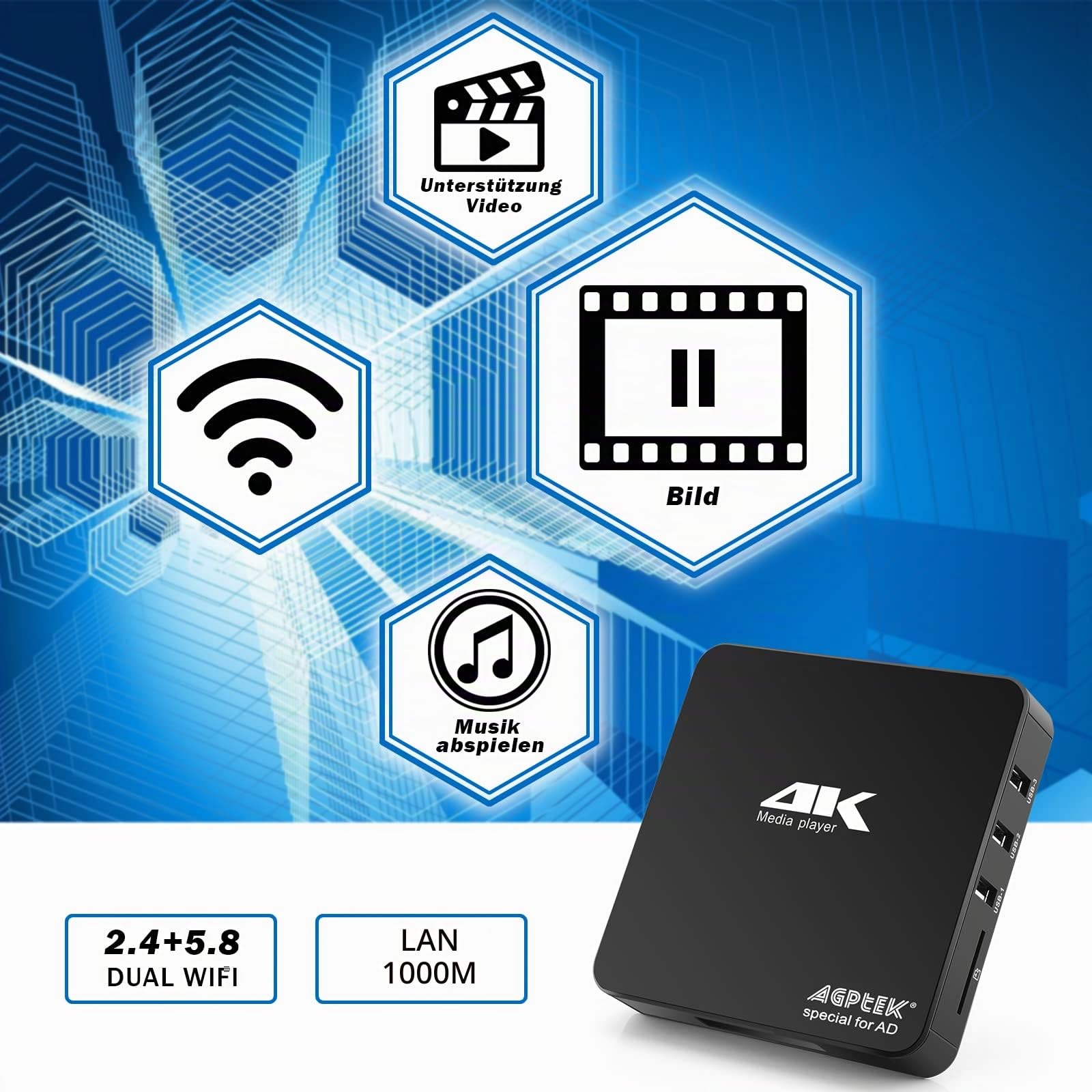 AGPTEK Lettore multimediale digitale Ultra HD 4K Uscita HDMI / AV PPT MKV AVI RMVB RM per HDTV con supporto per telecomando Unità USB e schede SD