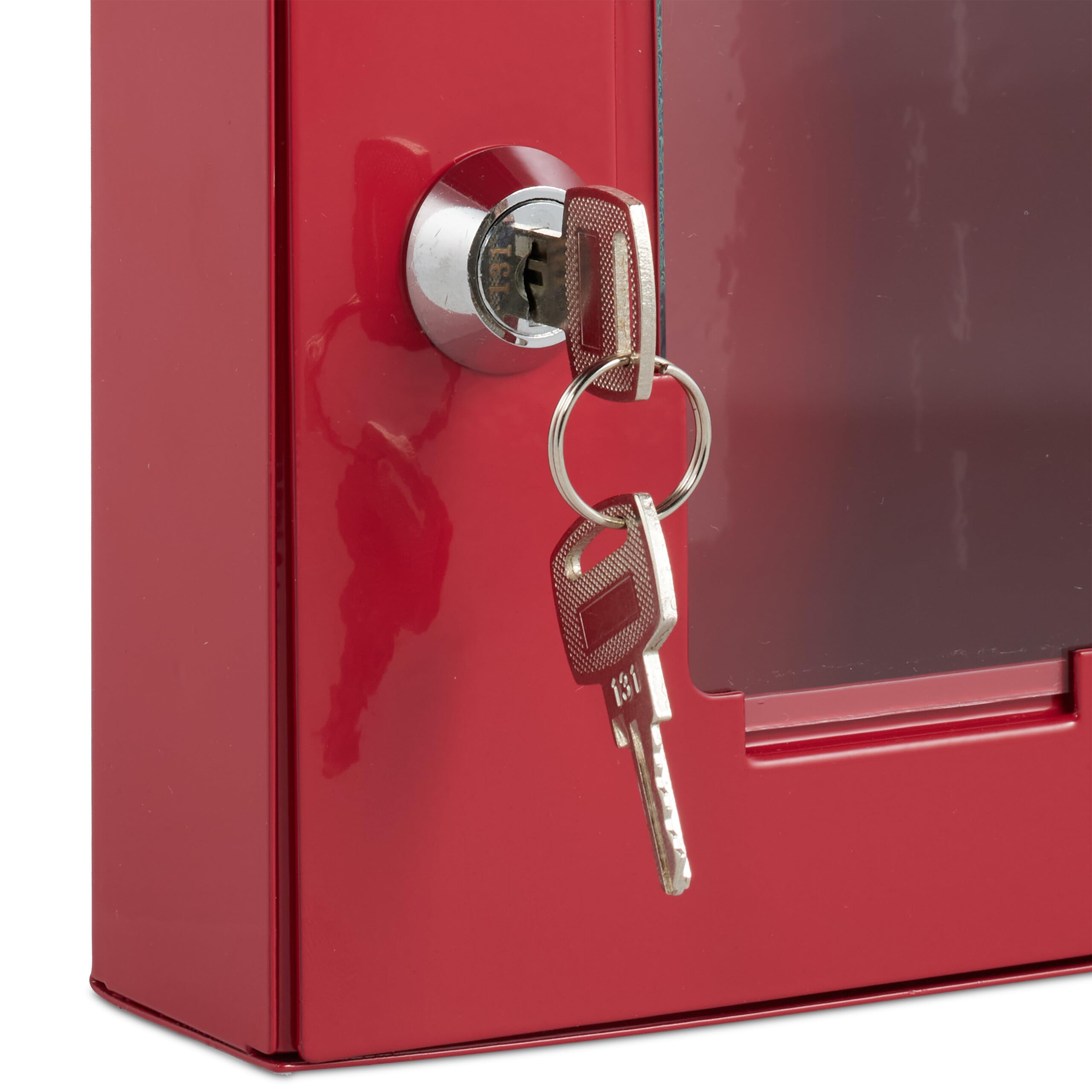 Relaxdays Caja para Llave de Emergencia, Cajetín con Ventana de Vidrio y Rompecristales, Cerradura, Cajita Metal, Rojo